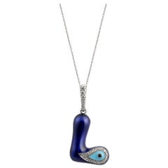 Evil Eye L Charm Necklace in Letter Form, 14k White Gold Enamel Initial Pendant