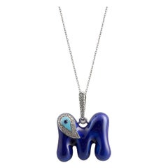 Evil Eye Letter Charm-Halskette, 14k Weißgold mit runden D-Farben-Diamanten