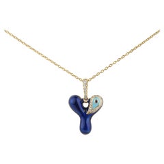 Evil Eye Letter Y Charm Necklace Handmade 14 Karat Yellow Gold Diamond Enamel