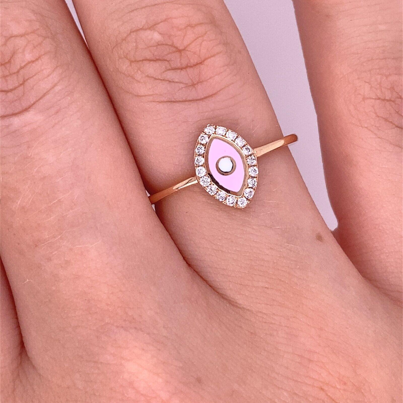 Evil Eye Marquise Shape Ring with Pink Enamel & Diamonds in 14ct Rose Gold In New Condition For Sale In London, GB