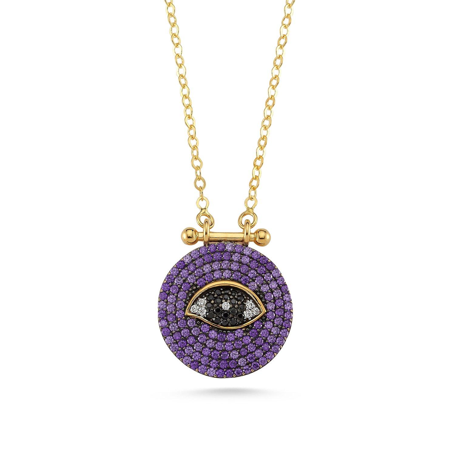 14k Yellow Gold  Evil Eye Medallion features pave Amethyst , sapphire and aquamarine.
Chain is approximately 18