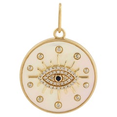 Evil Eye MOP Charm Pendant With Blue Sapphire & Diamonds Made In 14k Yellow Gold