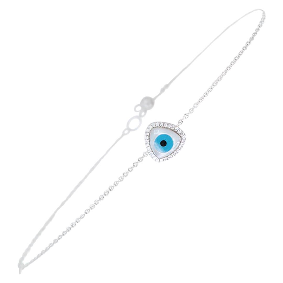 Bracelet en or blanc 14 carats avec diamants et nacre « Evil Eye » pour elle