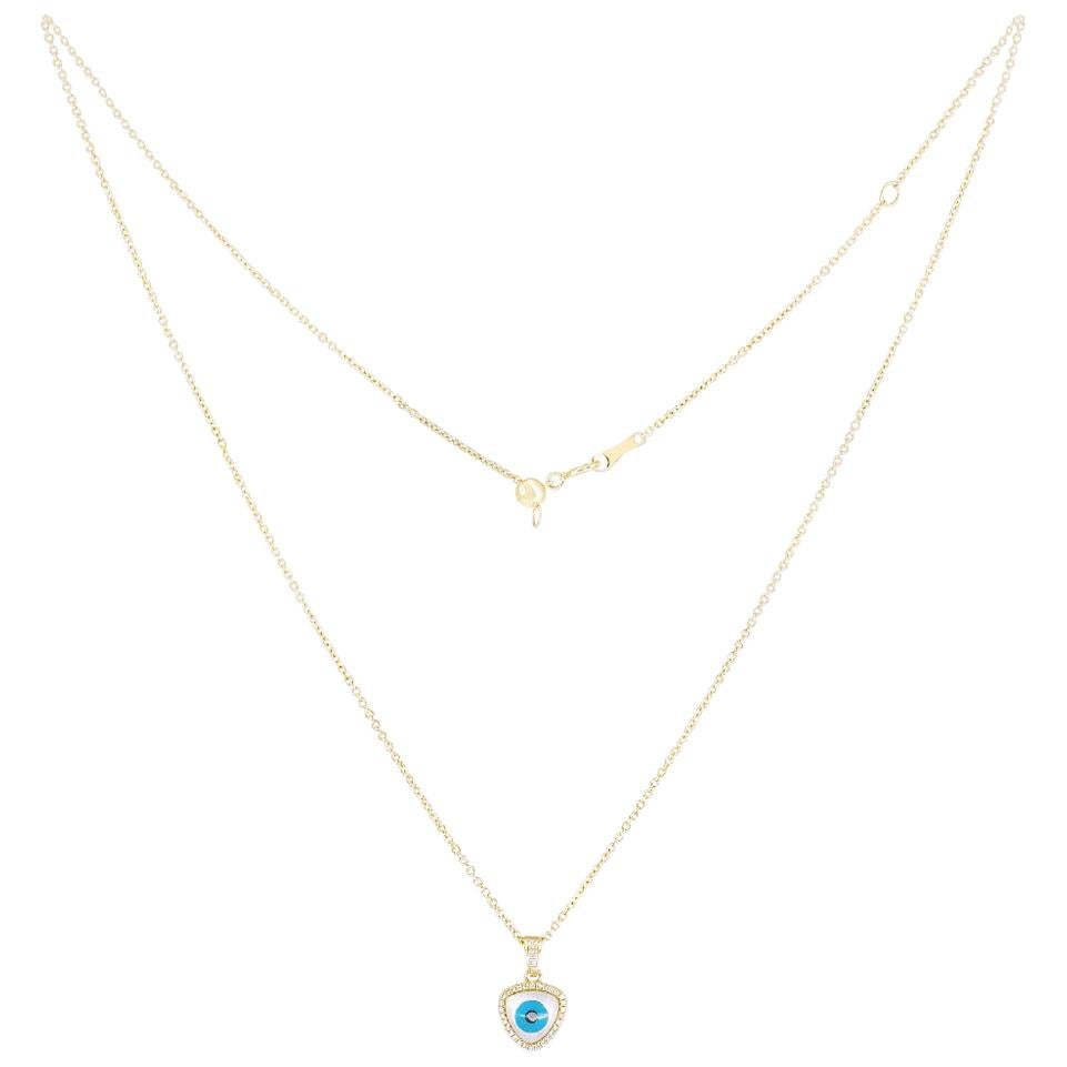 Evil Eye Mother of Pearls 14 Karat Yellow Gold Diamond Necklace for Her