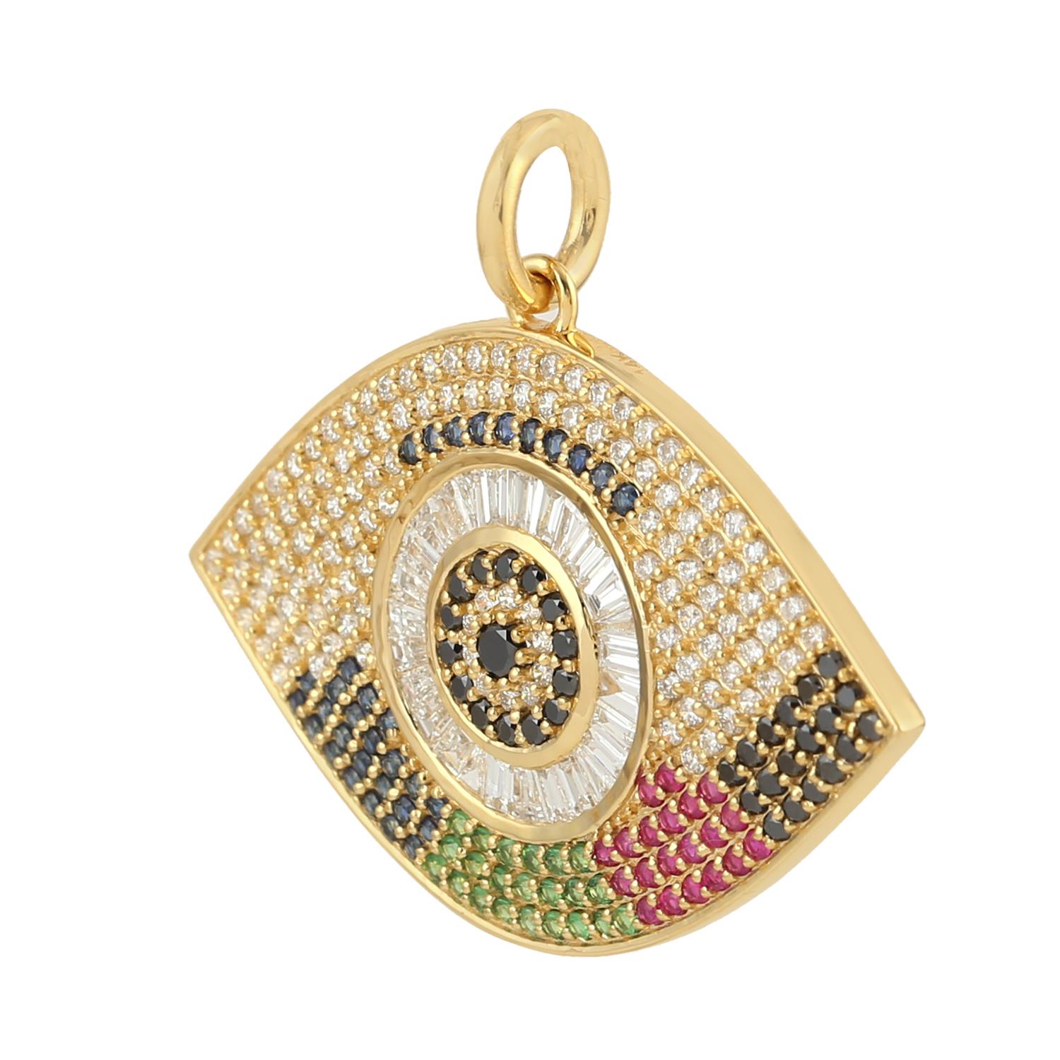 Taglio misto Ciondolo multi gemme e diamanti Pave Evil Eye in oro giallo 14 carati in vendita