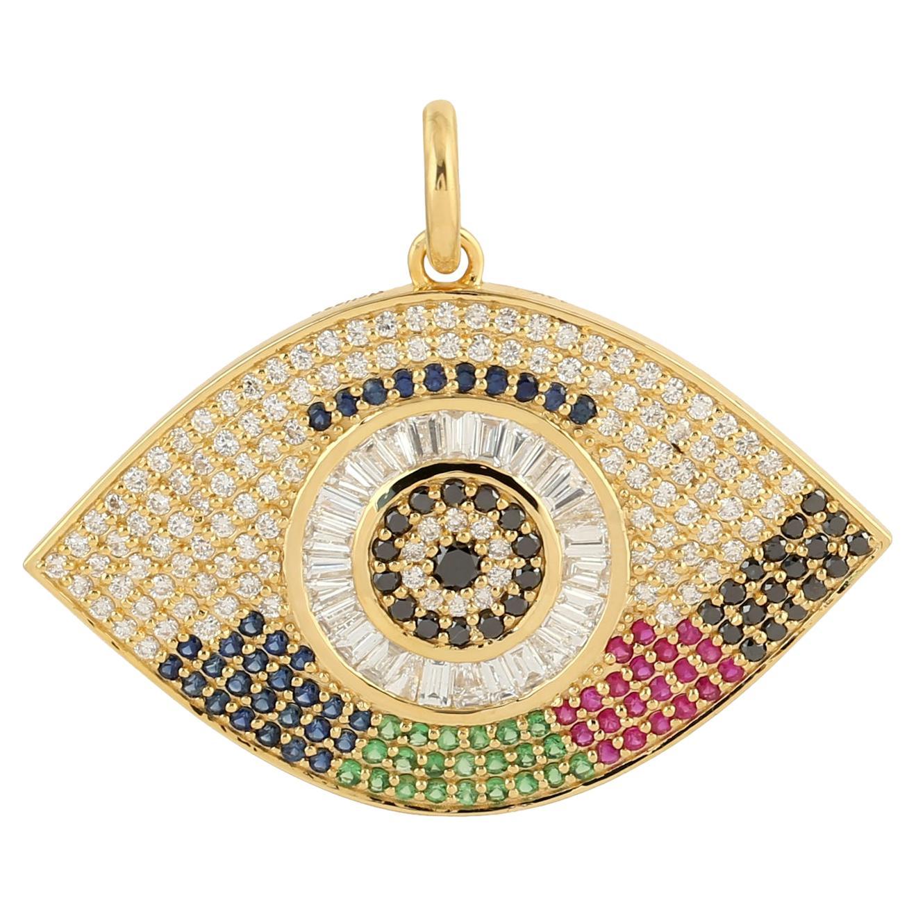 Ciondolo multi gemme e diamanti Pave Evil Eye in oro giallo 14 carati
