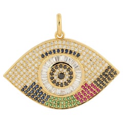 Ciondolo multi gemme e diamanti Pave Evil Eye in oro giallo 14 carati