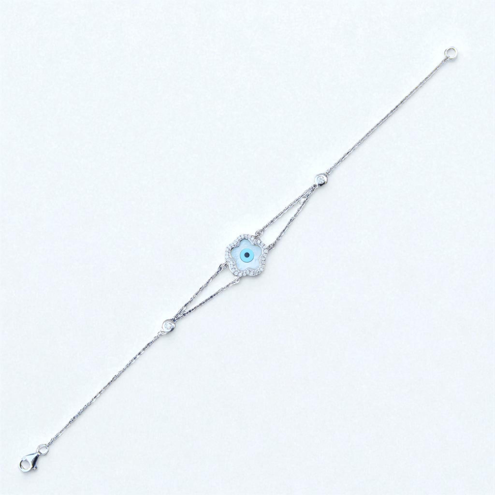 Donna Evil Eye Natural Diamond Charm Chain Bracelet in 14K Solid Gold (Certified) in vendita