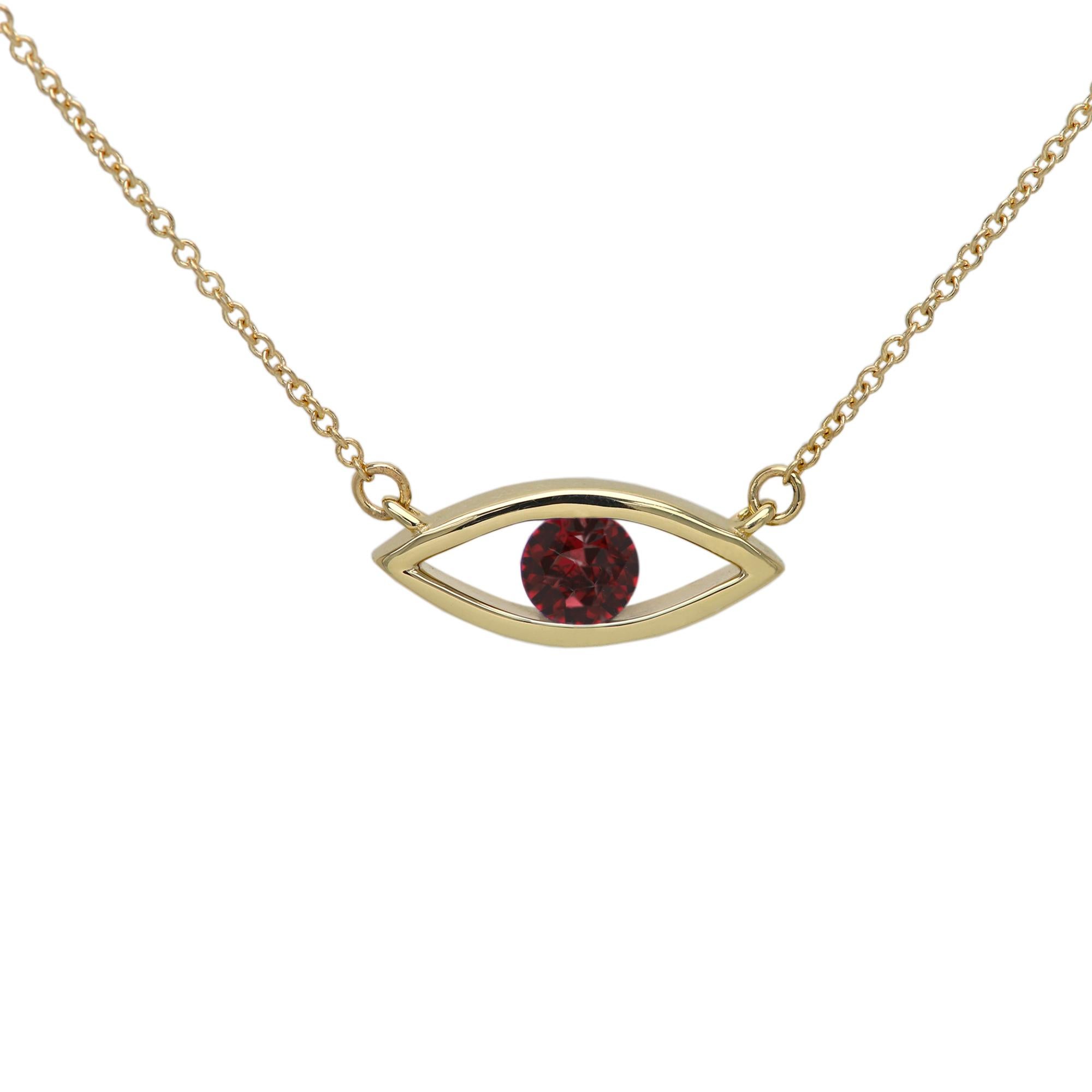 New, Very Elegant & Lovely Evil Eye Birthstone Necklace Solid 14k Yellow Gold with Natural Garnet gemstone 
Set in Yellow Gold Evil Eye - Good Luck & protection Necklace
Classic Cable Chain and Lobster Lock - all 14k, 
Chain Length - as your own