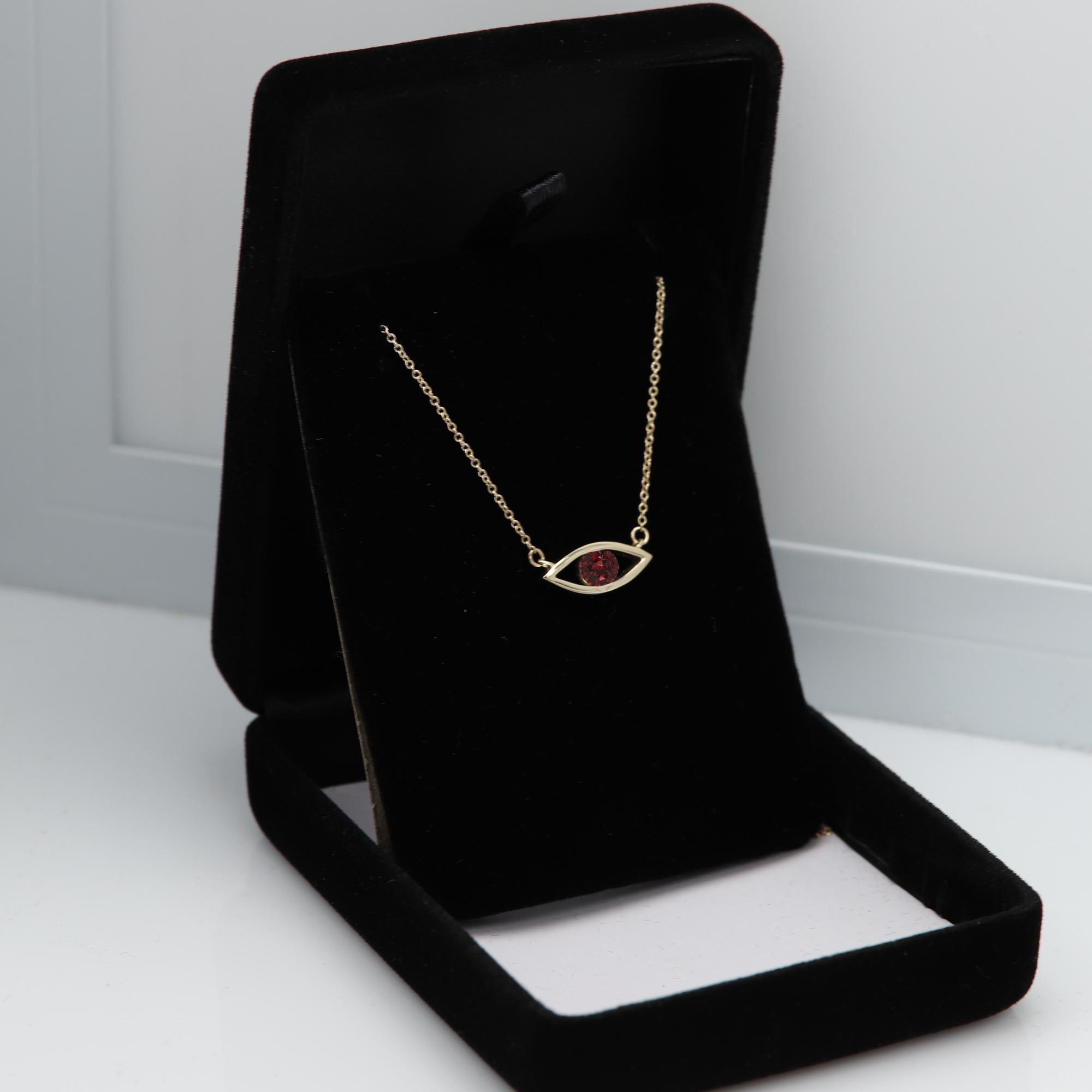 Evil Eye Necklace 14 Karat Gold Garnet Dark Red Birthstone 0.50 Carat In New Condition For Sale In Brooklyn, NY