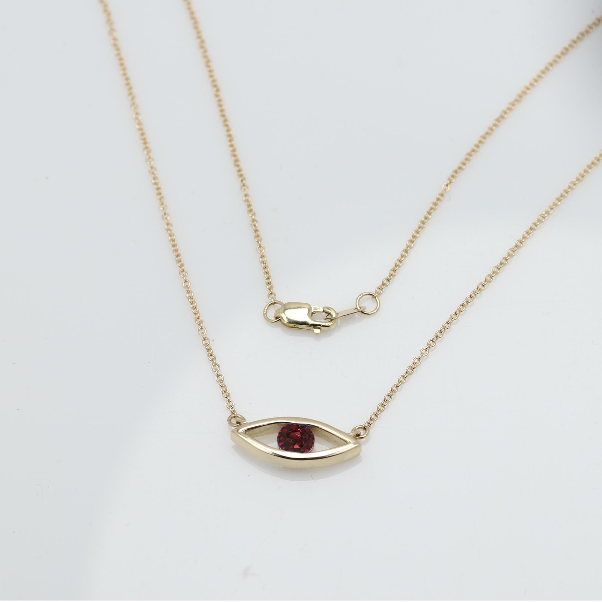 Women's Evil Eye Necklace 14 Karat Gold Garnet Dark Red Birthstone 0.50 Carat For Sale