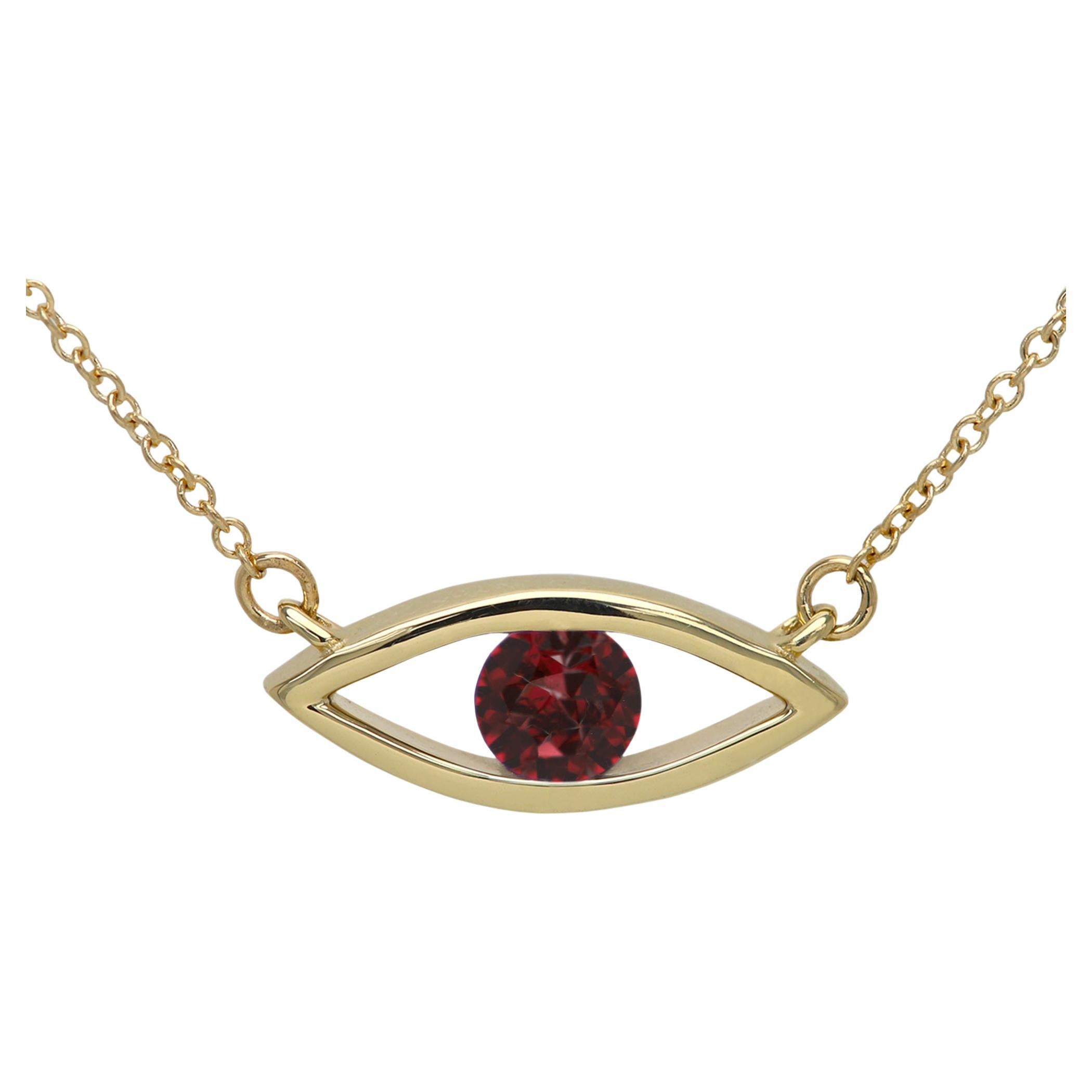 Evil Eye Necklace 14 Karat Gold Garnet Dark Red Birthstone 0.50 Carat For Sale