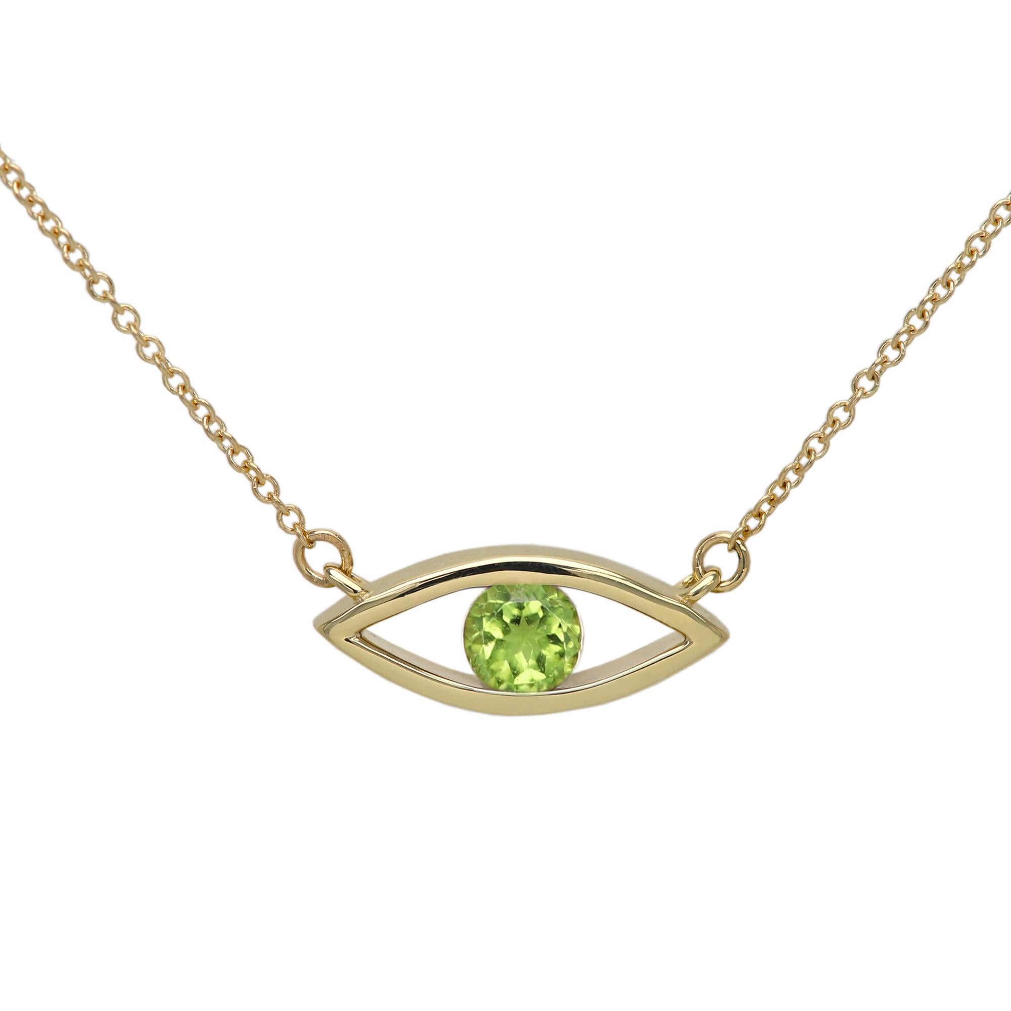 New, Very Elegant & Lovely Evil Eye Birthstone Necklace Solid 14k Yellow Gold with Natural peridot gemstone 
Set in Yellow Gold Evil Eye - Good Luck & protection Necklace
Classic Cable Chain and Lobster Lock - all 14k, 
Chain Length - as your own
