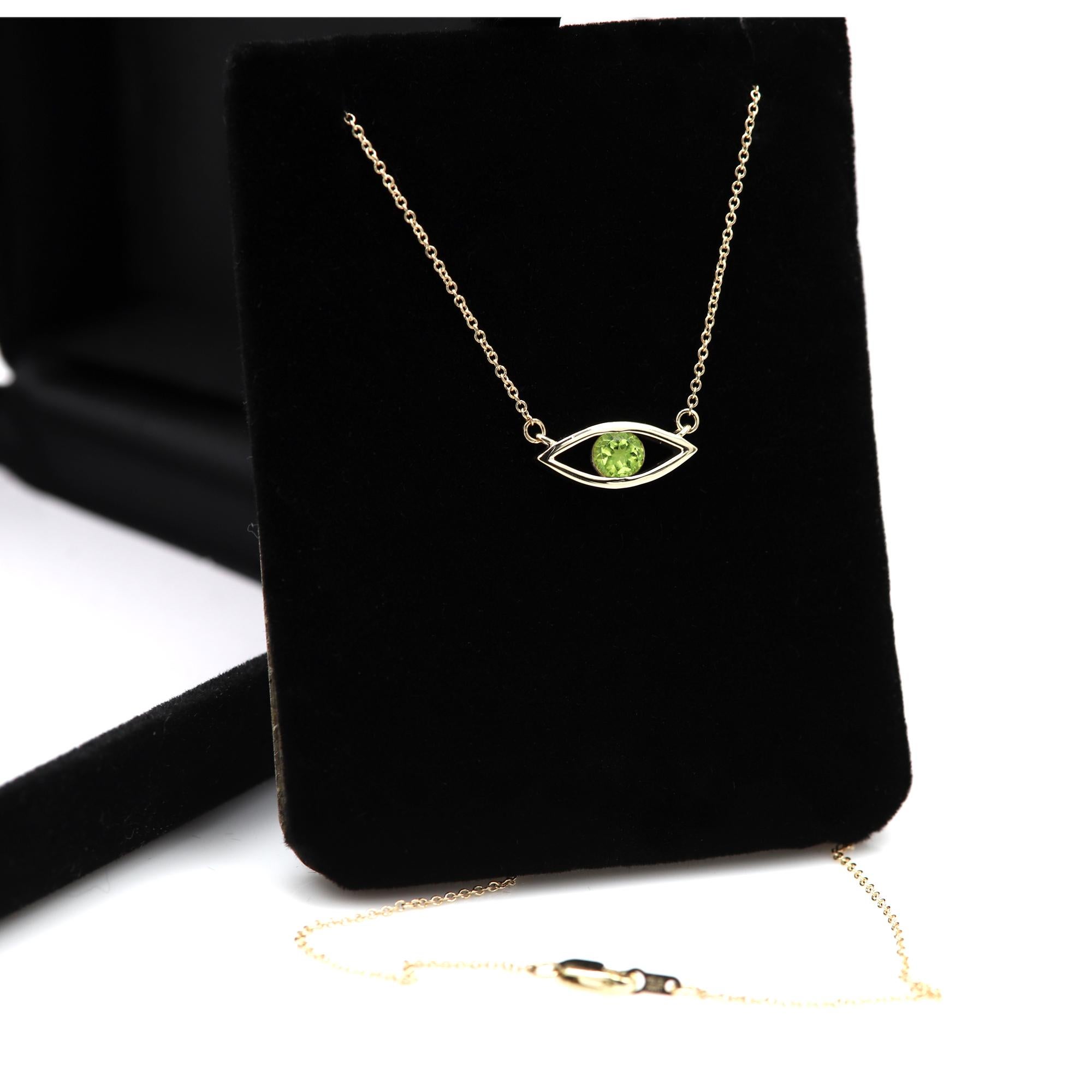 Round Cut Evil Eye Necklace 14 Karat Gold Peridot Green Birthstone 0.50 Carat For Sale