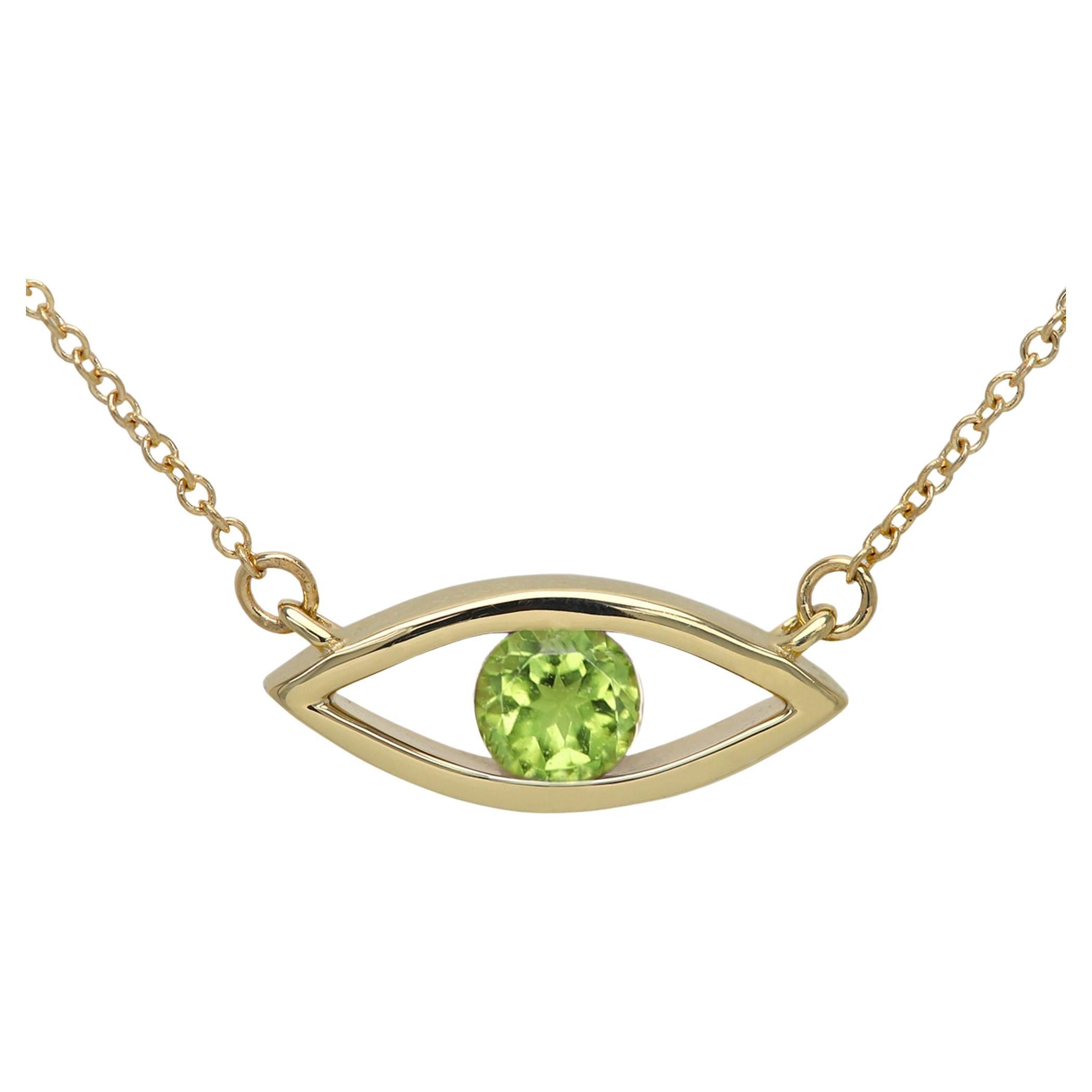 Evil Eye Necklace 14 Karat Gold Peridot Green Birthstone 0.50 Carat For Sale
