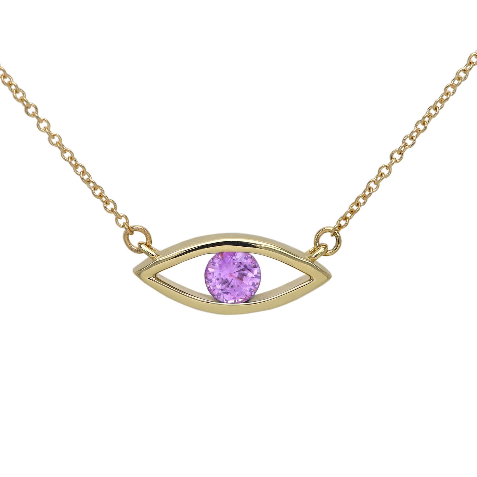 New, Very Elegant & Lovely Evil Eye Birthstone Necklace Solid 14k Yellow Gold with Natural Pink Sapphire gemstone 
Set in Yellow Gold Evil Eye - Good Luck & protection Necklace
Classic Cable Chain and Lobster Lock - all 14k, 
Chain Length - as your