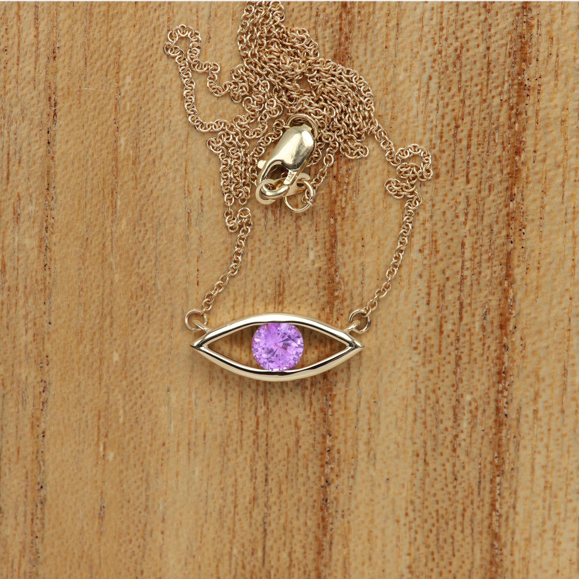 Round Cut Evil Eye Necklace 14 Karat Gold Pink Sapphire Birthstone 0.50 Carat  For Sale