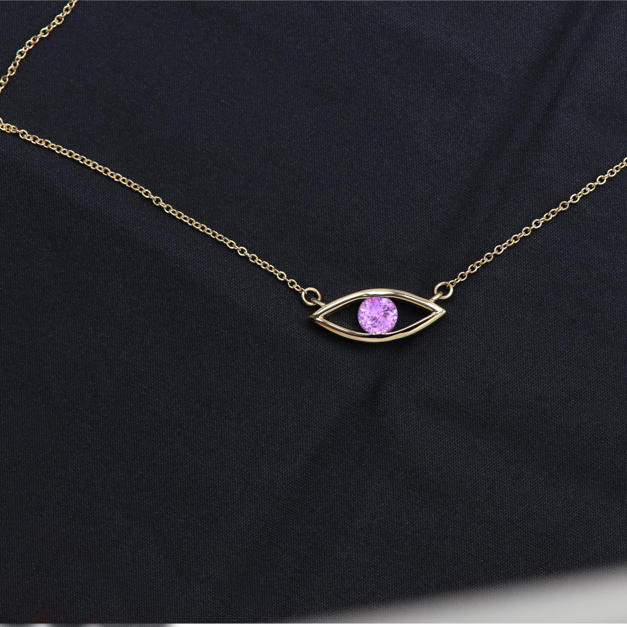 Women's Evil Eye Necklace 14 Karat Gold Pink Sapphire Birthstone 0.50 Carat  For Sale