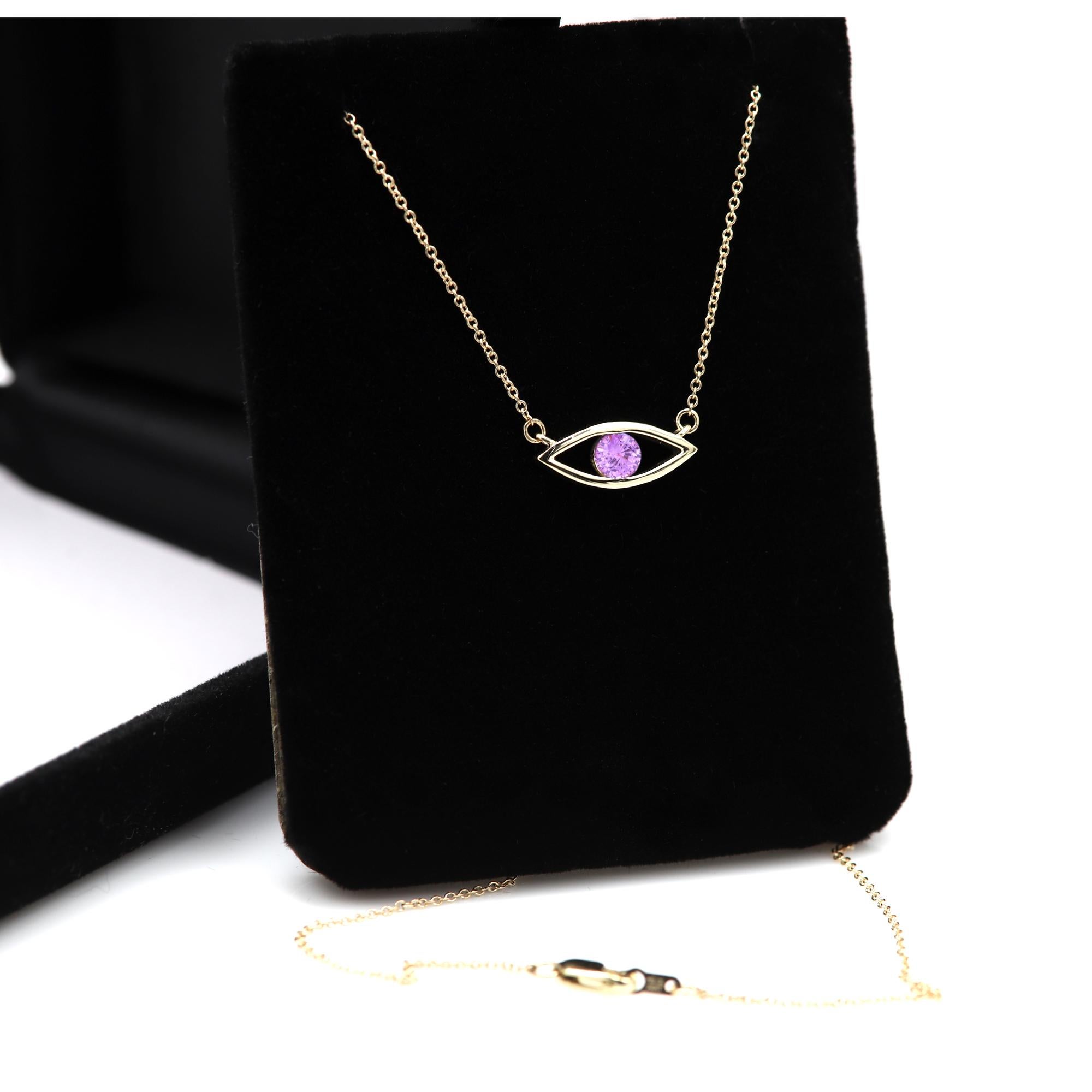Evil Eye Necklace 14 Karat Gold Pink Sapphire Birthstone 0.50 Carat  For Sale 1