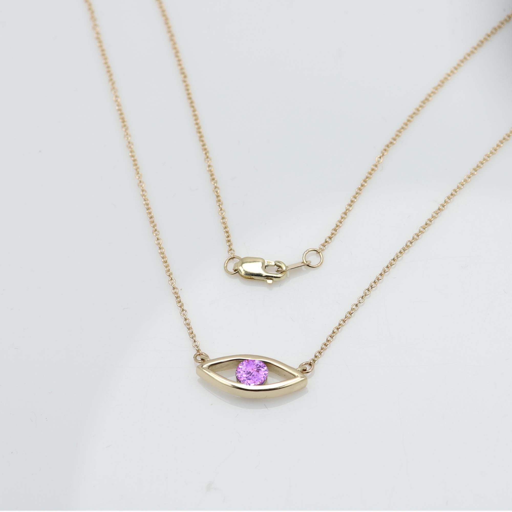 Evil Eye Necklace 14 Karat Gold Pink Sapphire Birthstone 0.50 Carat  For Sale 3