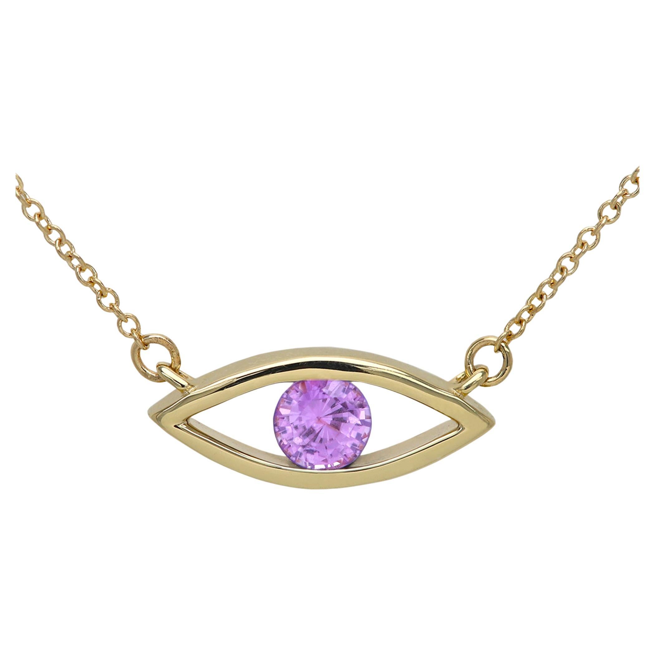 Evil Eye Necklace 14 Karat Gold Pink Sapphire Birthstone 0.50 Carat  For Sale
