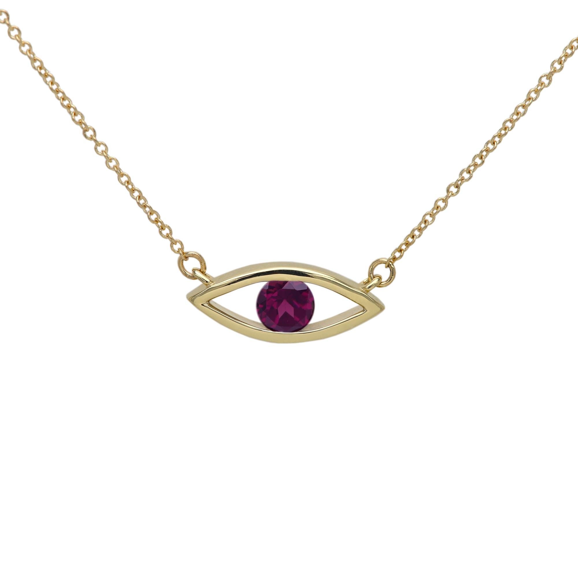 New, Very Elegant & Lovely Evil Eye Birthstone Necklace Solid 14k Yellow Gold with Natural Rhodolite gemstone 
Set in Yellow Gold Evil Eye - Good Luck & protection Necklace
Classic Cable Chain and Lobster Lock - all 14k, 
Chain Length - as your own