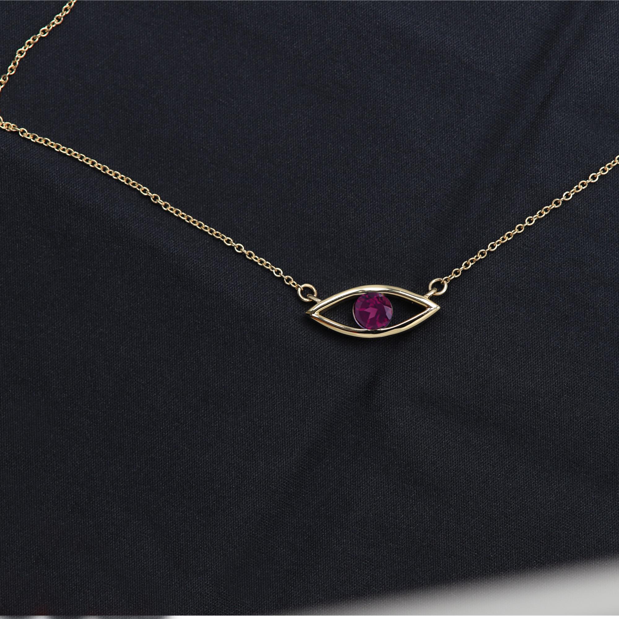 Evil Eye Necklace 14 Karat Gold Rhodolite Birthstone 0.50 Carat Dark Red/Purple In New Condition For Sale In Brooklyn, NY