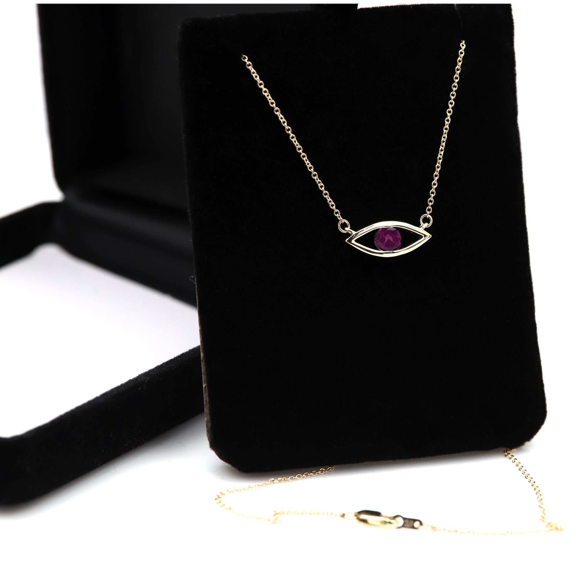 Women's Evil Eye Necklace 14 Karat Gold Rhodolite Birthstone 0.50 Carat Dark Red/Purple For Sale