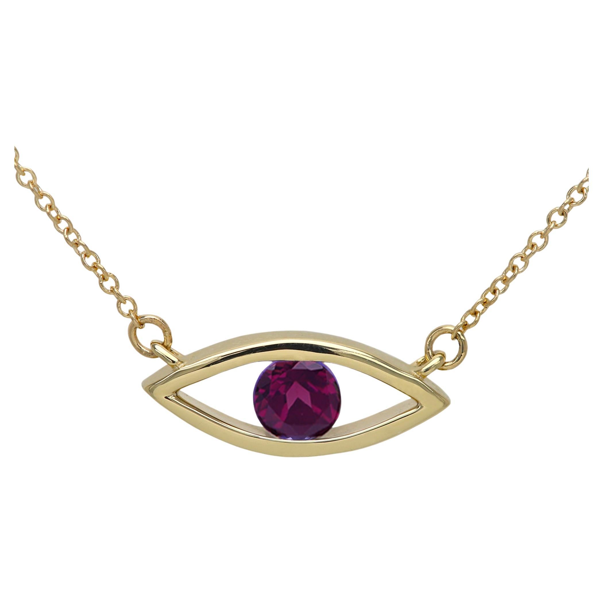 Collier Evil Eye en or 14 carats avec pierre de naissance rhodolite rouge foncé/violet 0,50 carat
