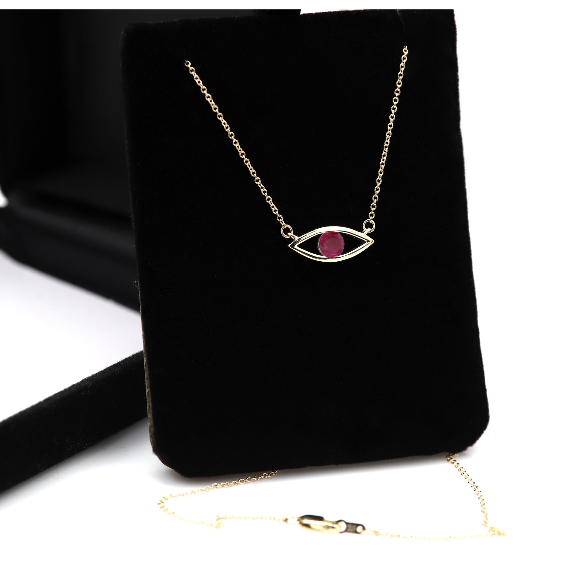 Women's Evil Eye Necklace 14 Karat Gold Ruby Red Birthstone 0.50 Carat For Sale