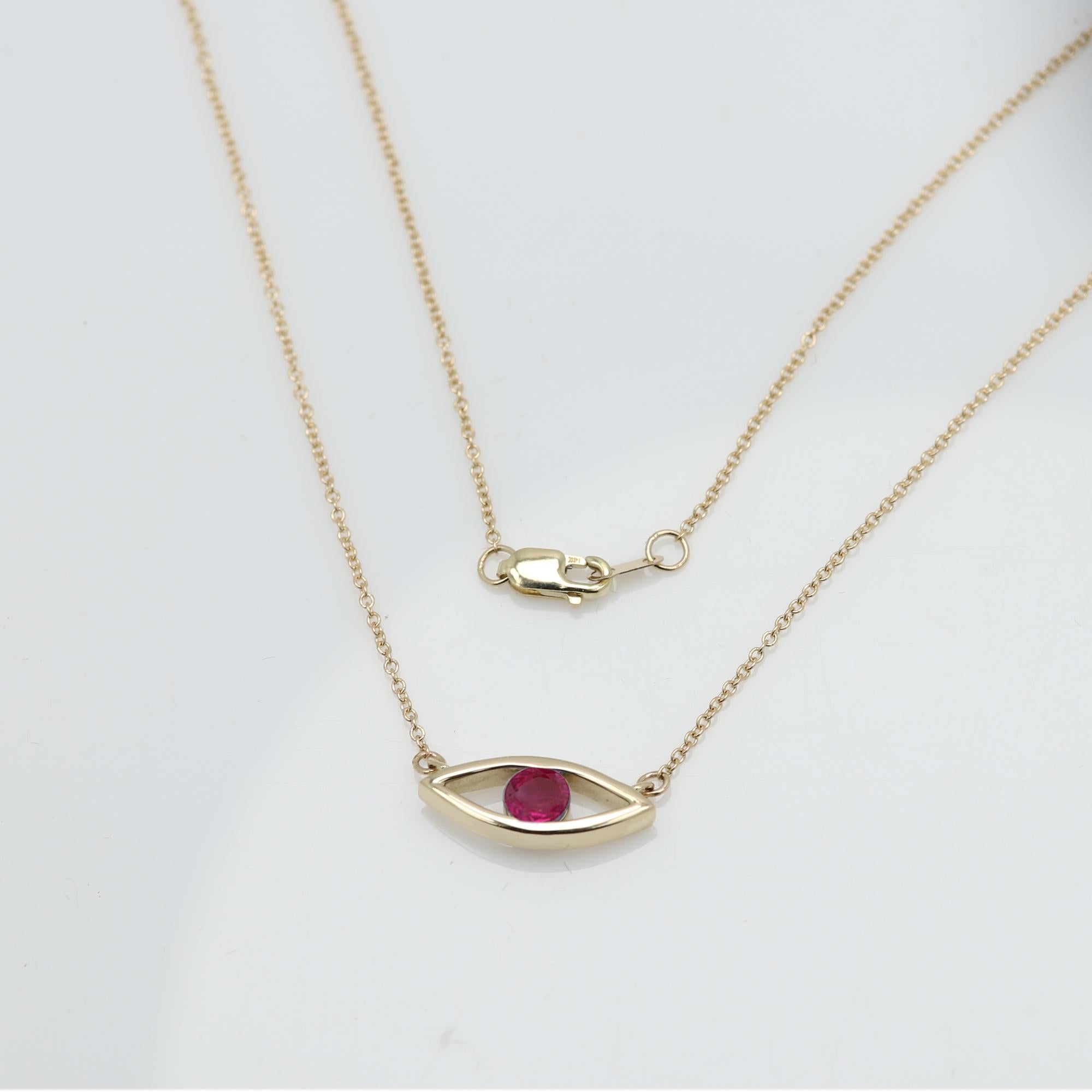 Evil Eye Necklace 14 Karat Gold Ruby Red Birthstone 0.50 Carat For Sale 2