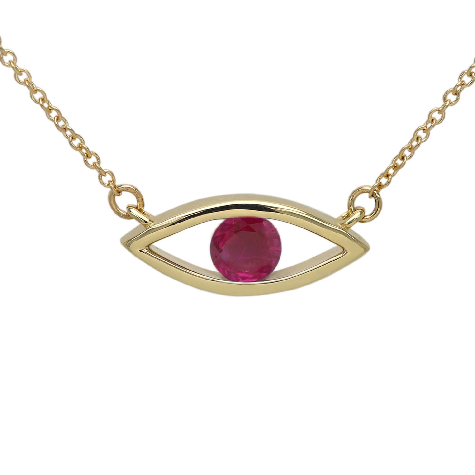 Evil Eye Necklace 14 Karat Gold Ruby Red Birthstone 0.50 Carat For Sale