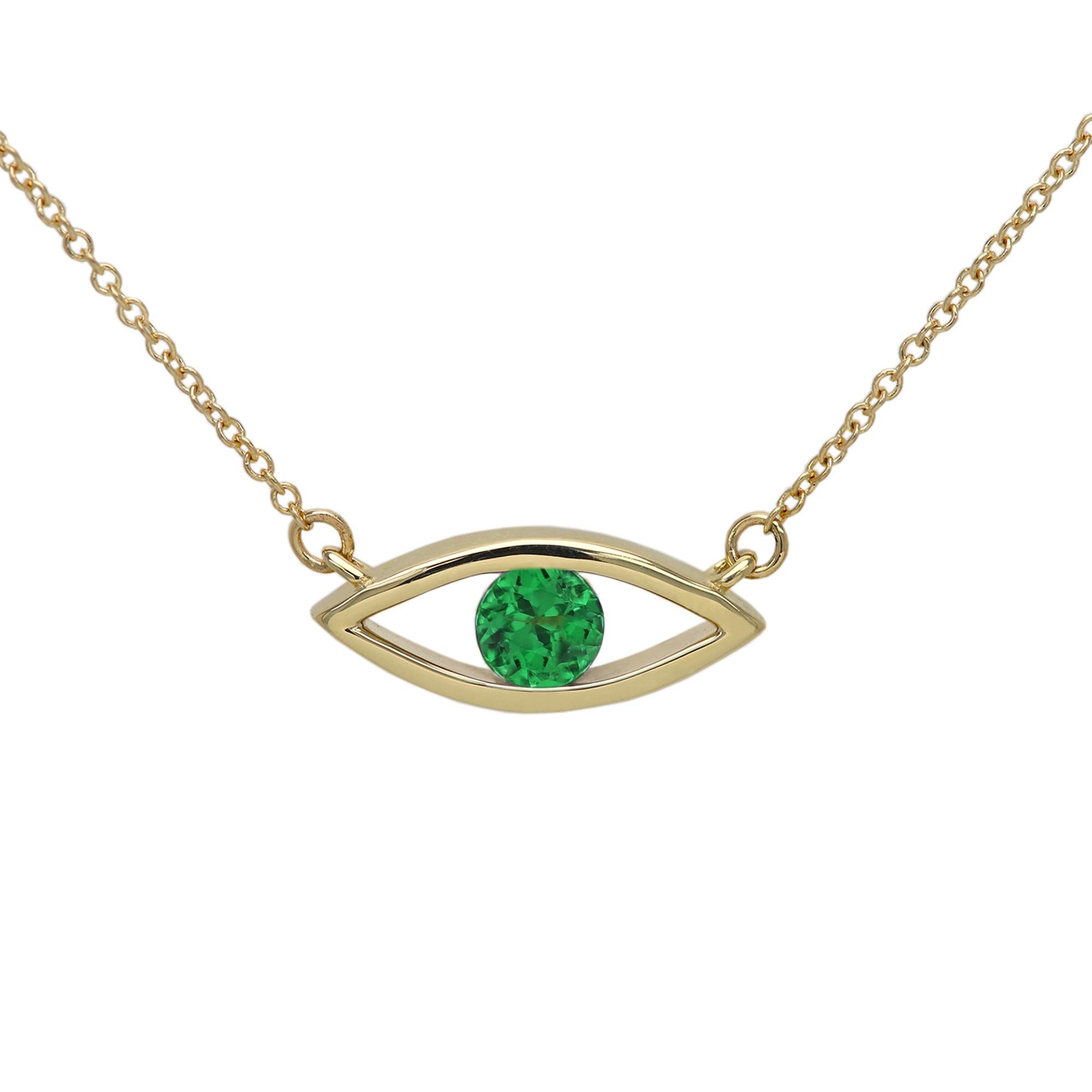New, Very Elegant & Lovely Evil Eye Birthstone Necklace Solid 14k Yellow Gold with Natural Tsavorite gemstone 
Set in Yellow Gold Evil Eye - Good Luck & protection Necklace
Classic Cable Chain and Lobster Lock - all 14k, 
Chain Length - as your own