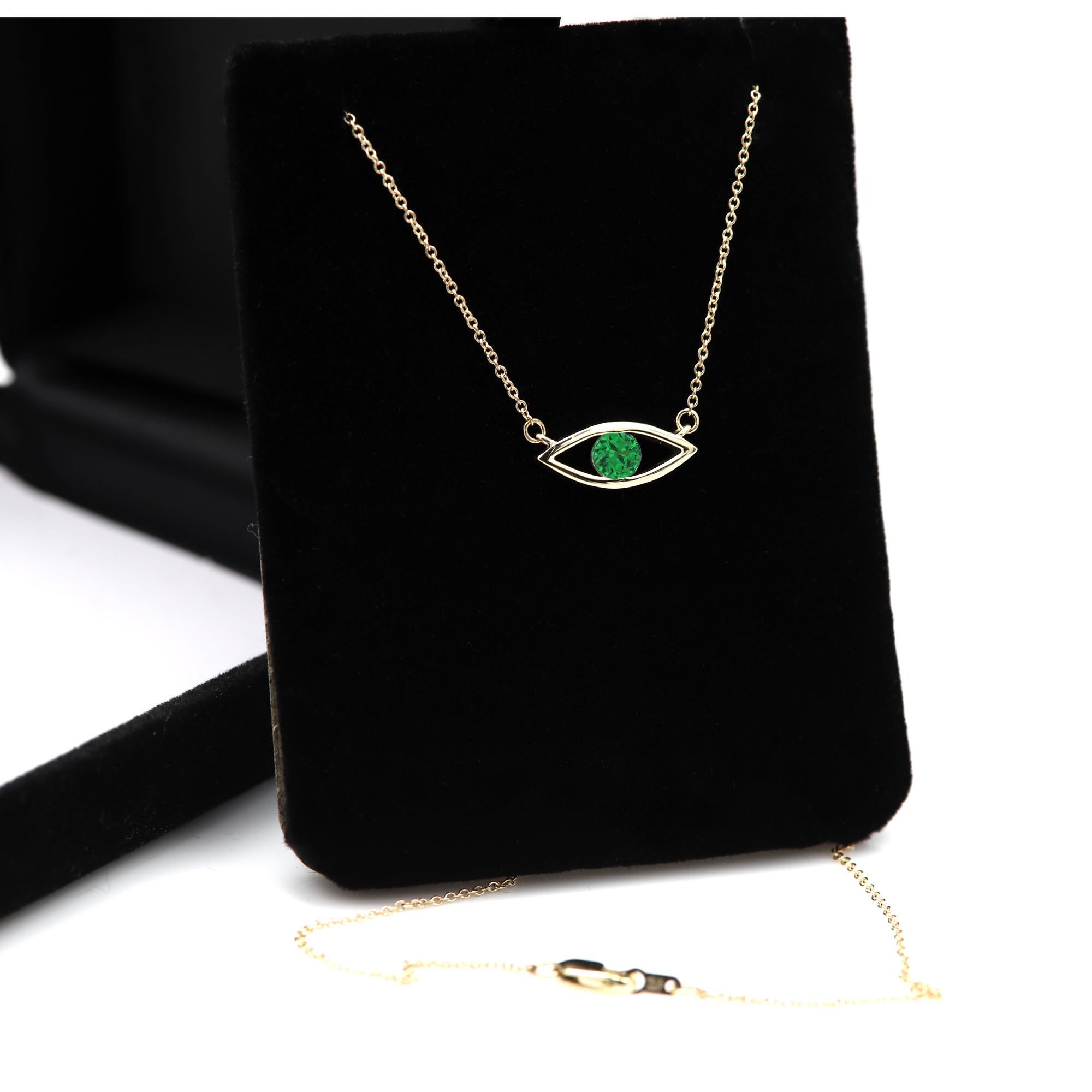Round Cut Evil Eye Necklace 14 Karat Gold Tsavorite Green Birthstone 0.50 Carat For Sale