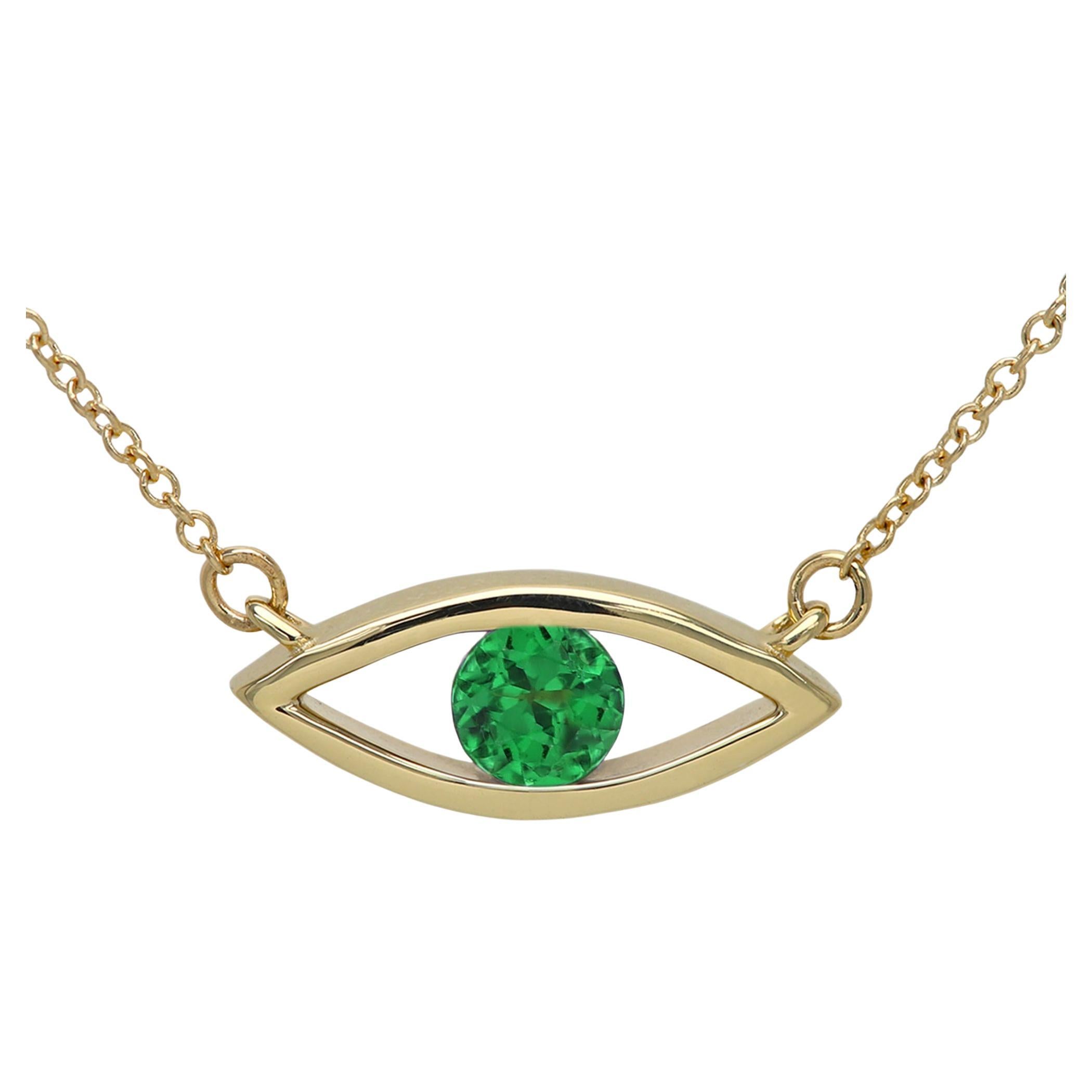 Evil Eye Necklace 14 Karat Gold Tsavorite Green Birthstone 0.50 Carat For Sale