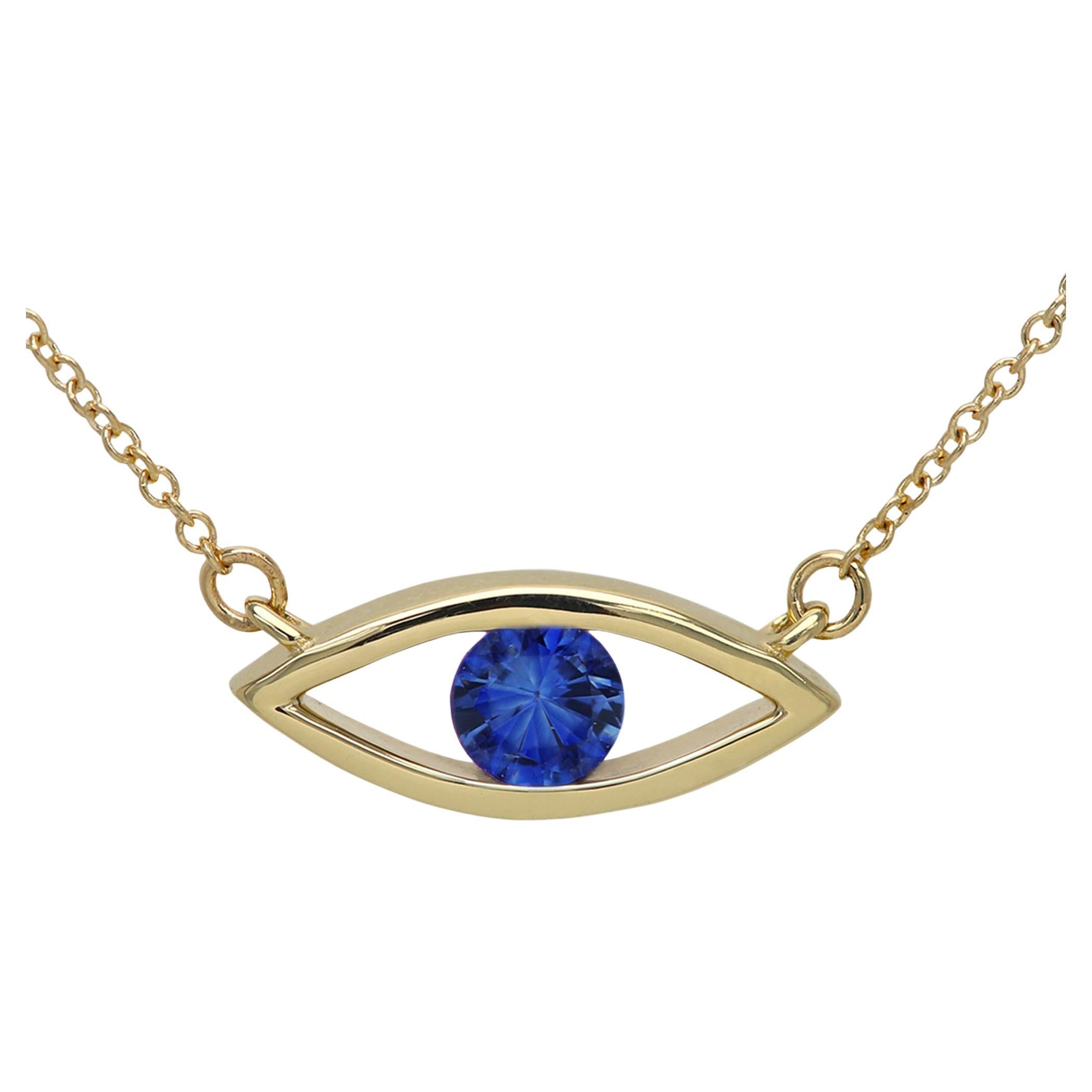 Evil Eye Necklace 14 Karat Yellow Gold Blue Sapphire Birthstone 0.50 Carat For Sale