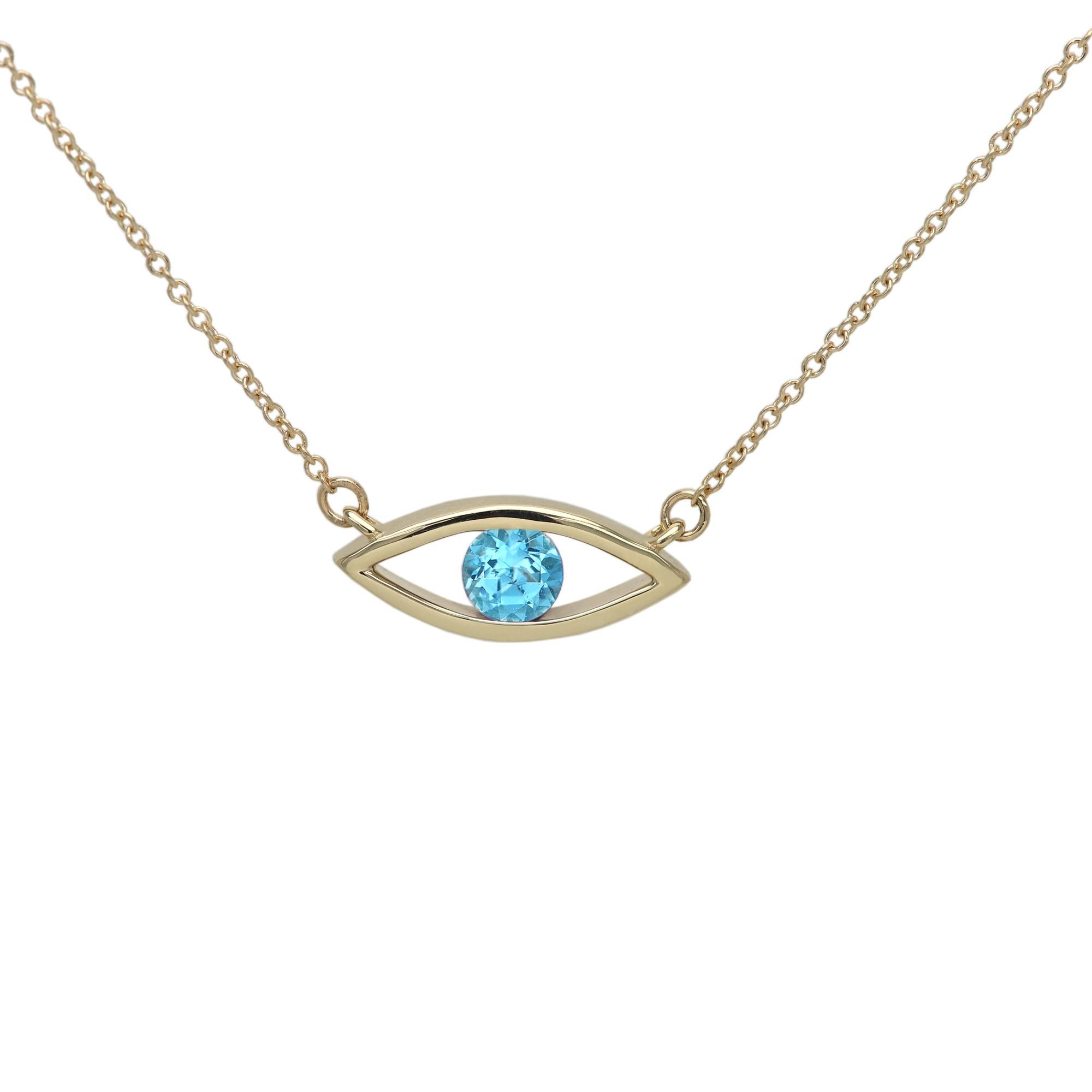New, Very Elegant & Lovely, Evil Eye Birthstone Necklace Solid 14k Yellow Gold with Natural Blue Topaz gemstone 
Set in Yellow Gold Evil Eye - Good Luck & protection Necklace
Classic Cable Chain and Lobster Lock - all 14k, 
Chain Length - as your