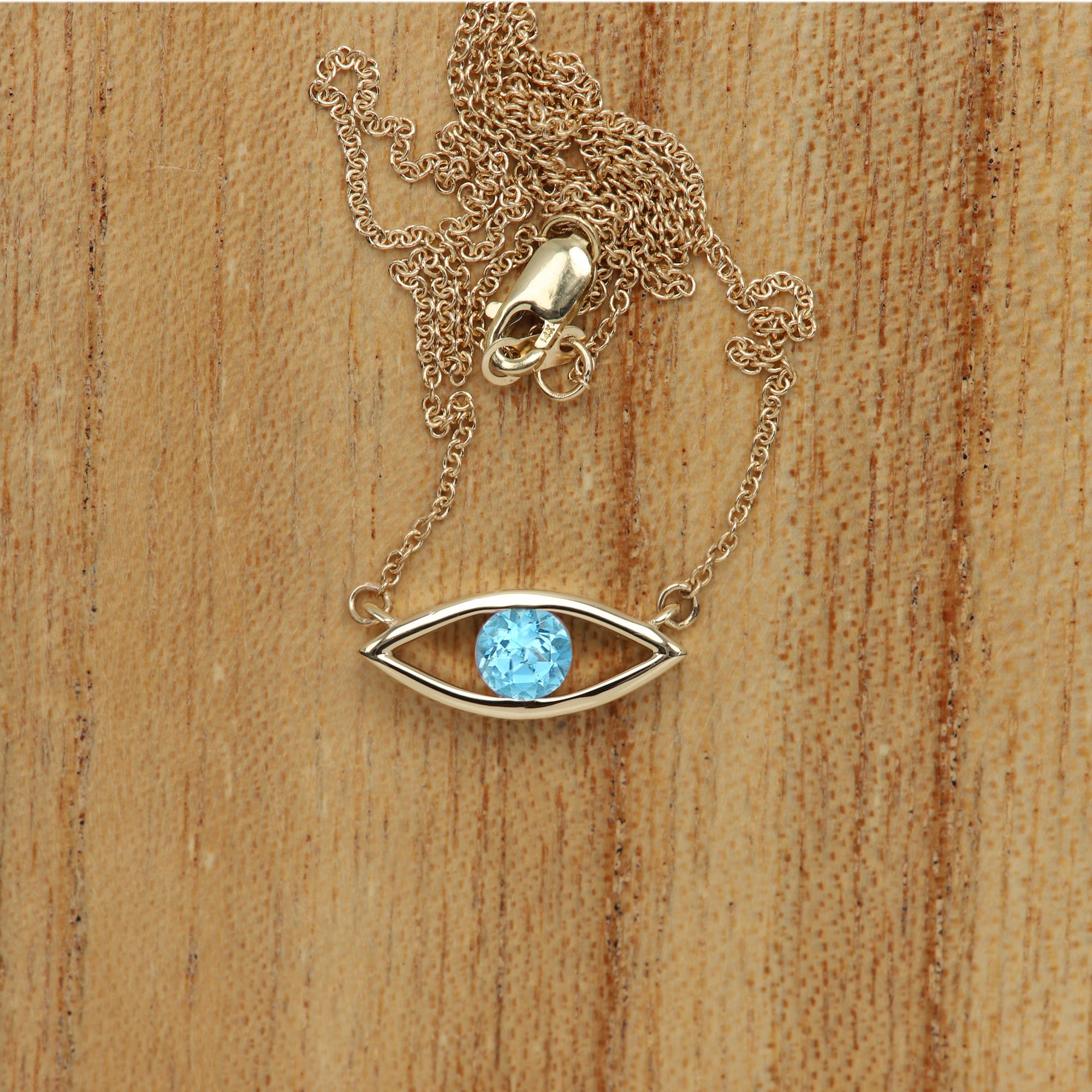 Evil Eye Necklace 14 Karat Yellow Gold Blue Topaz Birthstone 0.50 Carat  In New Condition For Sale In Brooklyn, NY