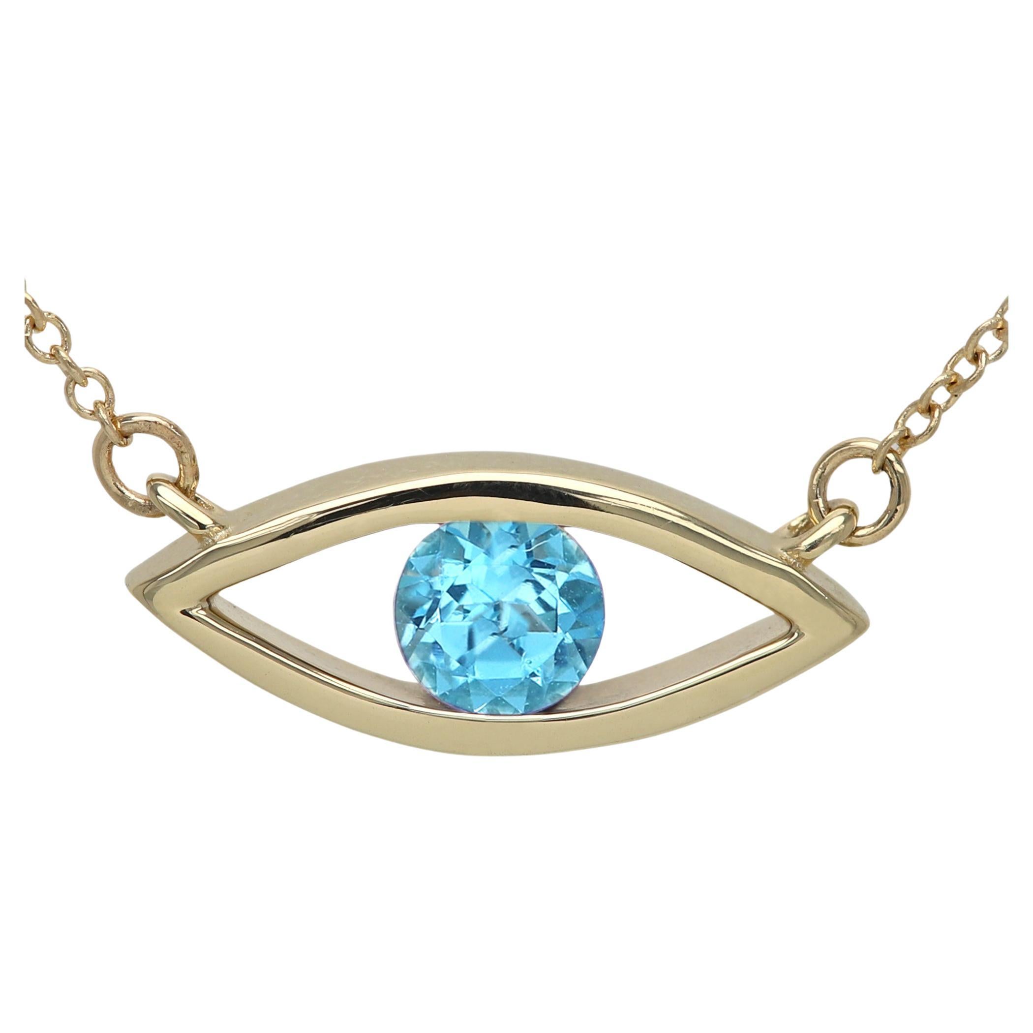 Evil Eye Necklace 14 Karat Yellow Gold Blue Topaz Birthstone 0.50 Carat  For Sale