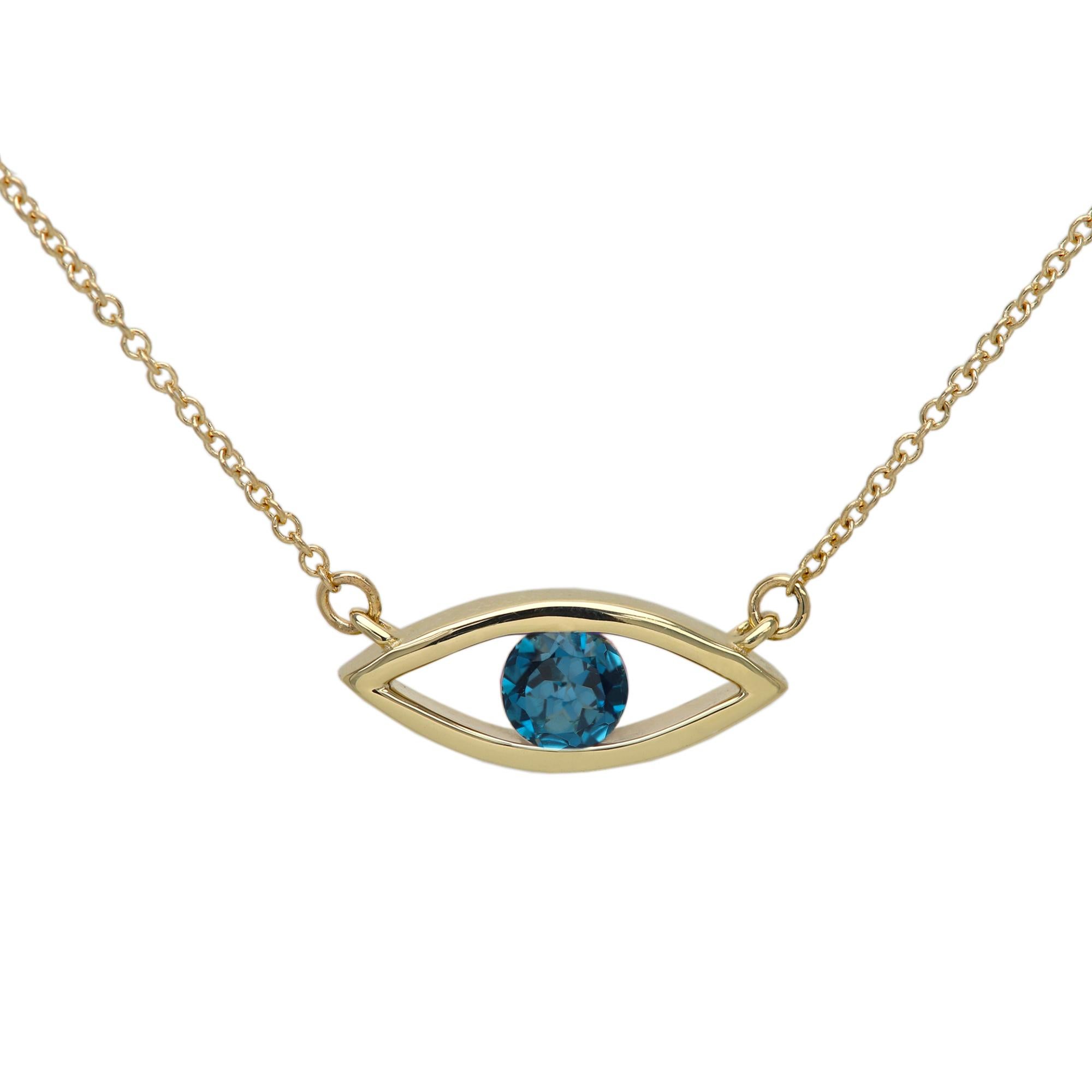 New, Very Elegant & Lovely Evil Eye Birthstone Necklace Solid 14k Yellow Gold with Natural London Blue Topaz gemstone 
Set in Yellow Gold Evil Eye - Good Luck & protection Necklace
Classic Cable Chain and Lobster Lock - all 14k, 
Chain Length - as
