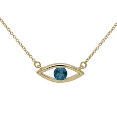 Evil Eye Necklace 14 Karat Yellow Gold Lond Blue Topaz Birthstone 0.50 Carat