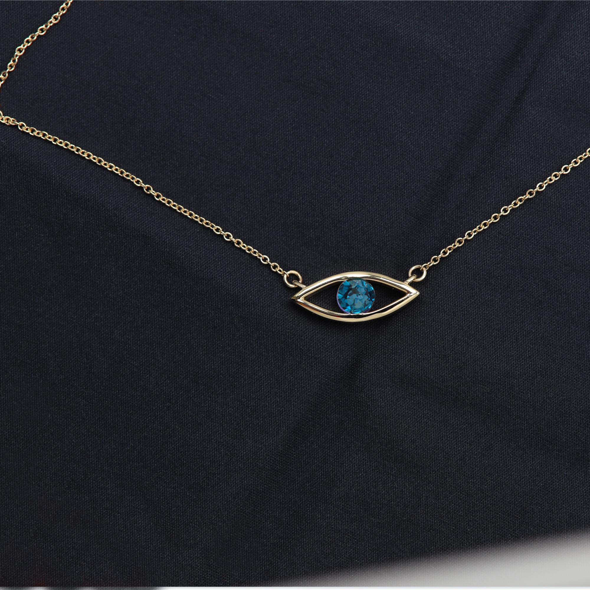 Evil Eye Necklace 14 Karat Yellow Gold Lond Blue Topaz Birthstone 0.50 Carat For Sale 2