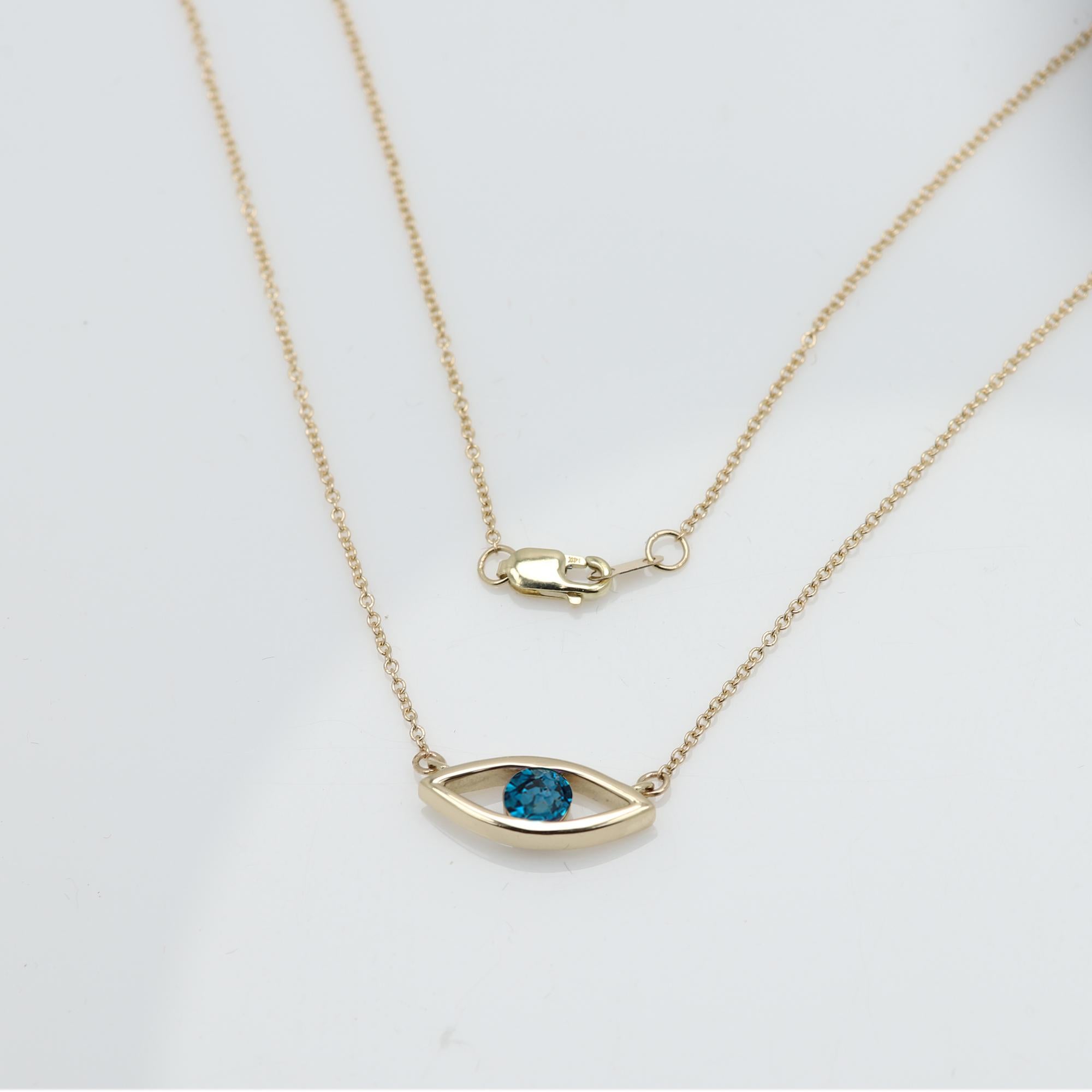 Evil Eye Necklace 14 Karat Yellow Gold Lond Blue Topaz Birthstone 0.50 Carat For Sale 3
