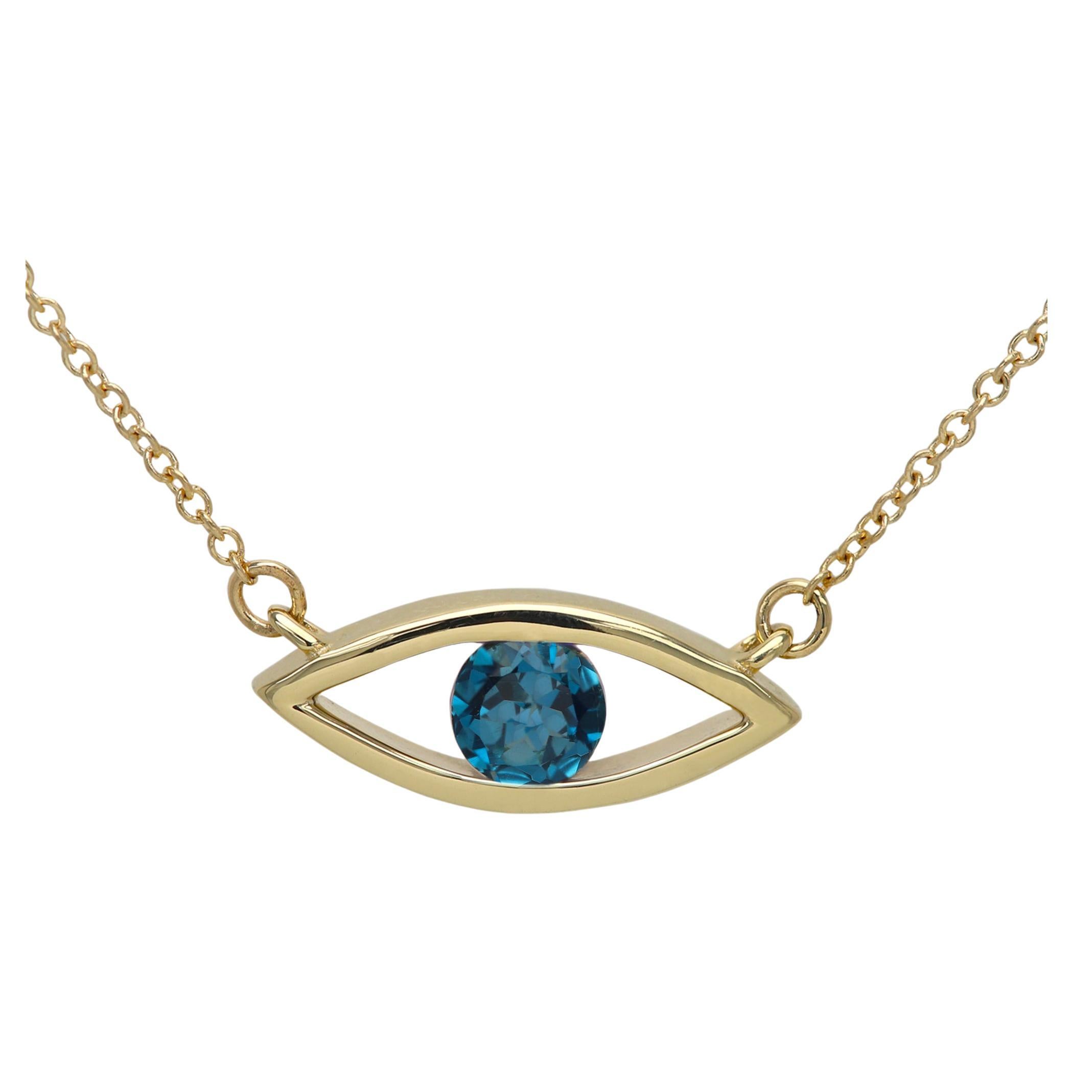 Evil Eye Necklace 14 Karat Yellow Gold Lond Blue Topaz Birthstone 0.50 Carat For Sale