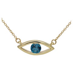Evil Eye Necklace 14 Karat Yellow Gold Lond Blue Topaz Birthstone 0.50 Carat