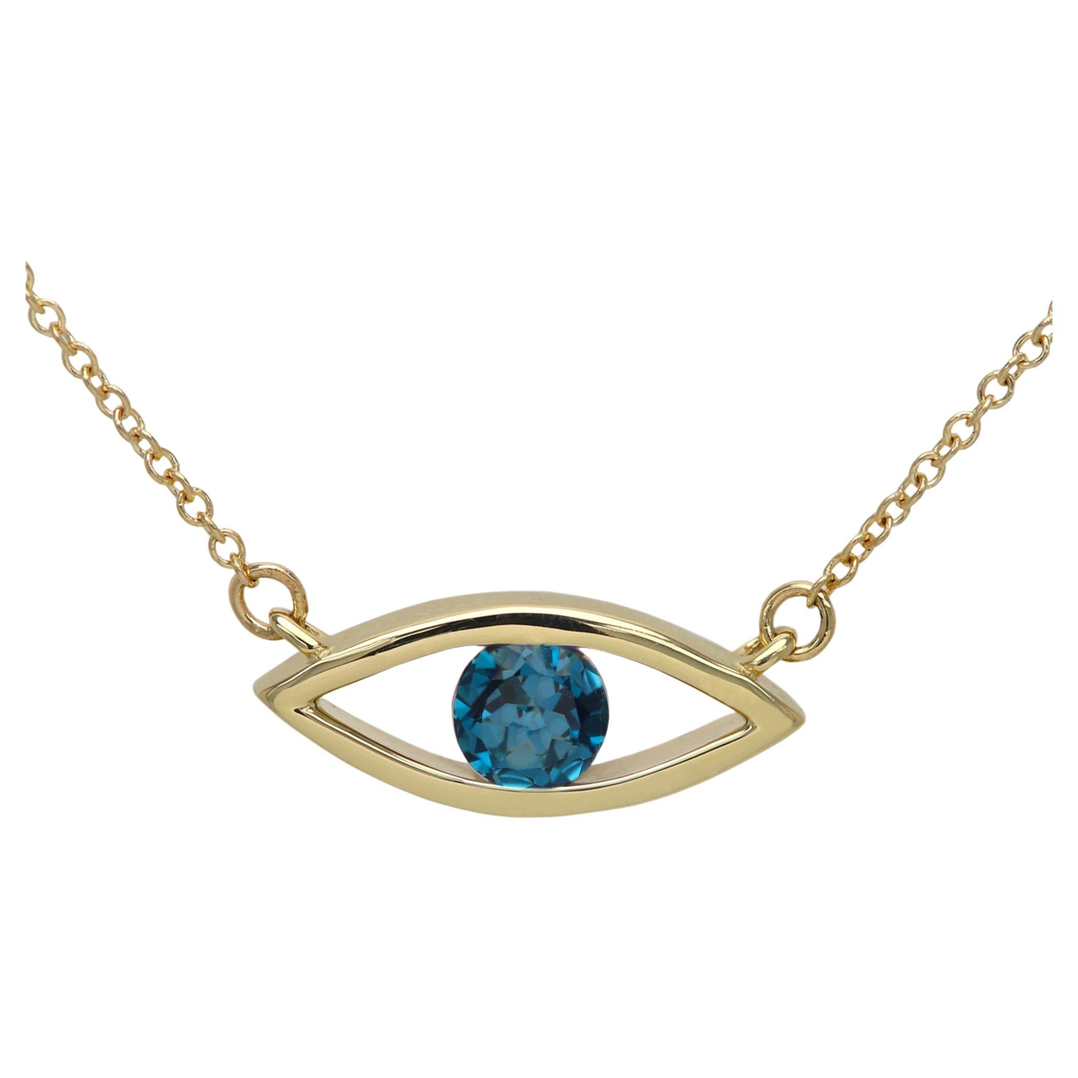 Collier Evil Eye en or jaune 14 carats, pierre de naissance de 0,50 carat, topaze bleue de Londres