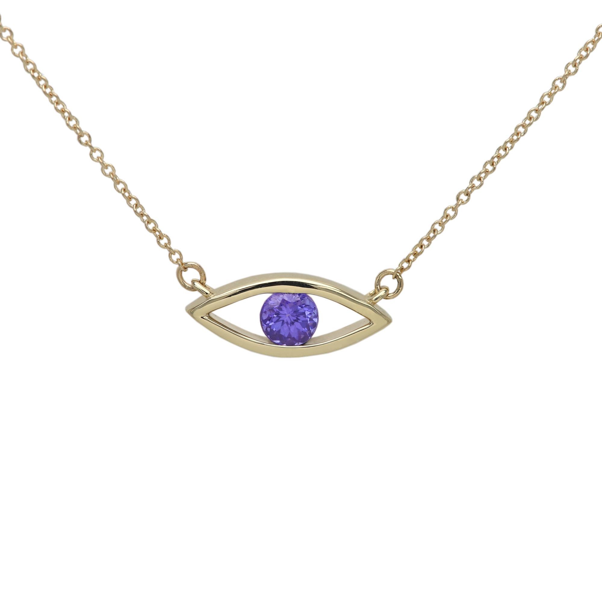New, Very Elegant & Lovely, Evil Eye Birthstone Necklace Solid 14k Yellow Gold with Natural Purple Tanzanite gemstone 
Set in Yellow Gold Evil Eye - Good Luck & protection
Classic Cable Chain and Lobster Lock - all 14k, 
Chain Length total is 16.75'
