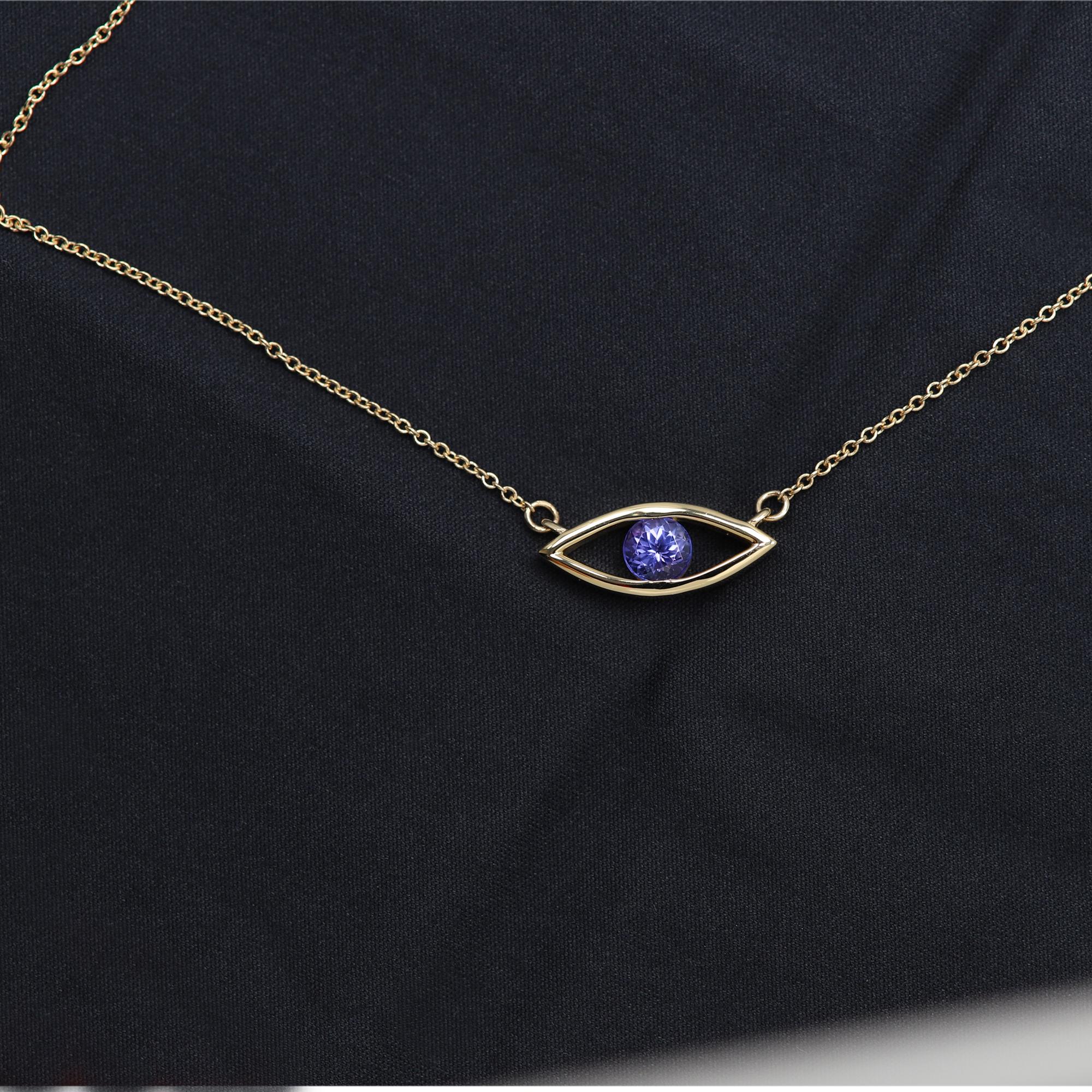 Evil Eye Necklace 14 Karat Yellow Gold Tanzanite Purple Birthstone 0.50 Carat  In New Condition For Sale In Brooklyn, NY