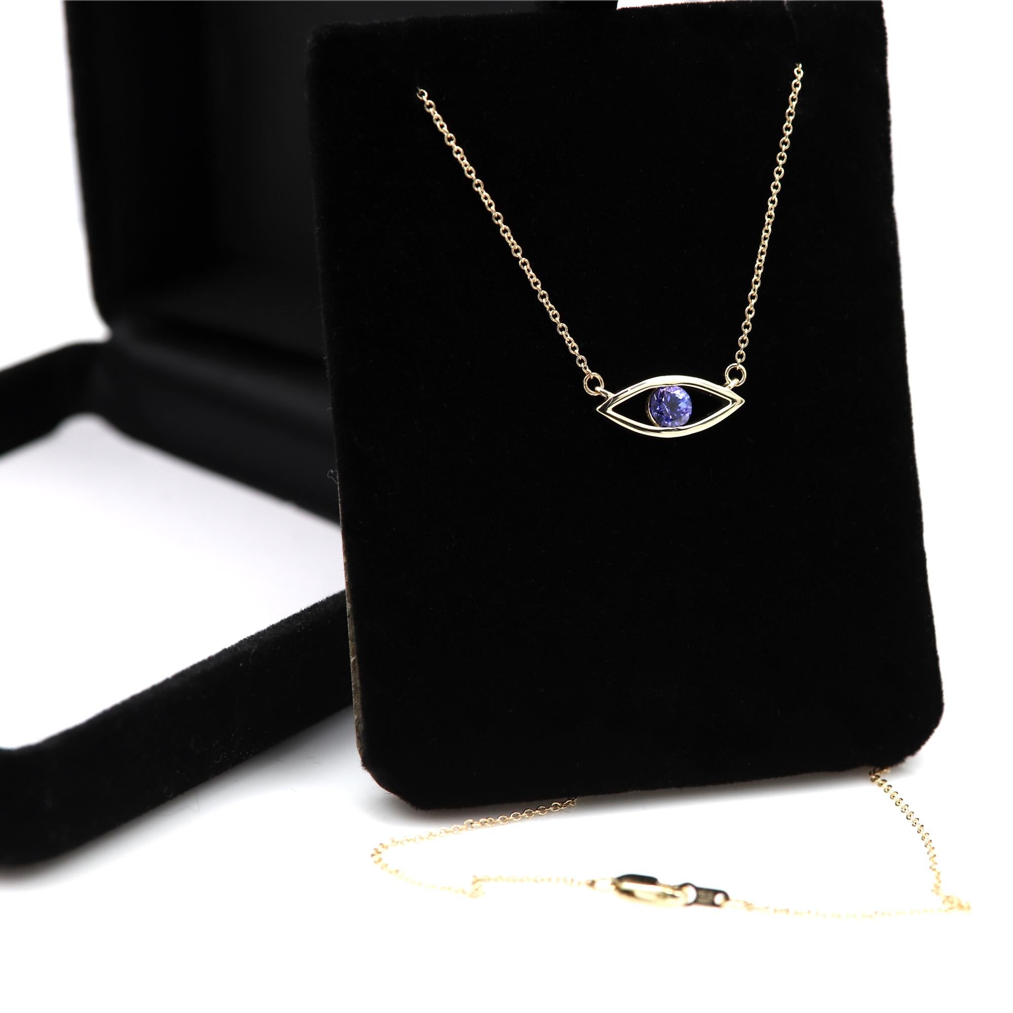 Women's Evil Eye Necklace 14 Karat Yellow Gold Tanzanite Purple Birthstone 0.50 Carat  For Sale