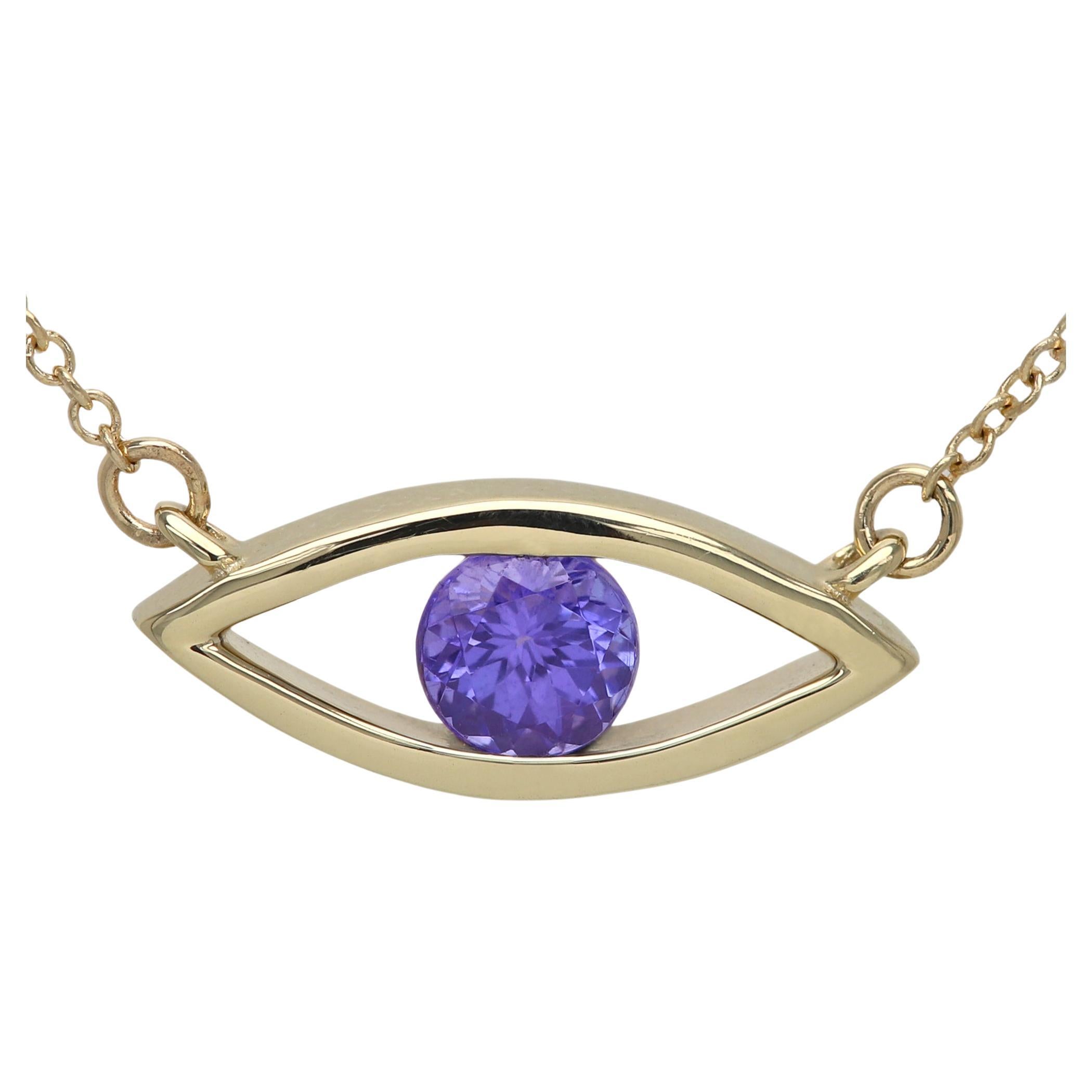 Evil Eye Necklace 14 Karat Yellow Gold Tanzanite Purple Birthstone 0.50 Carat  For Sale